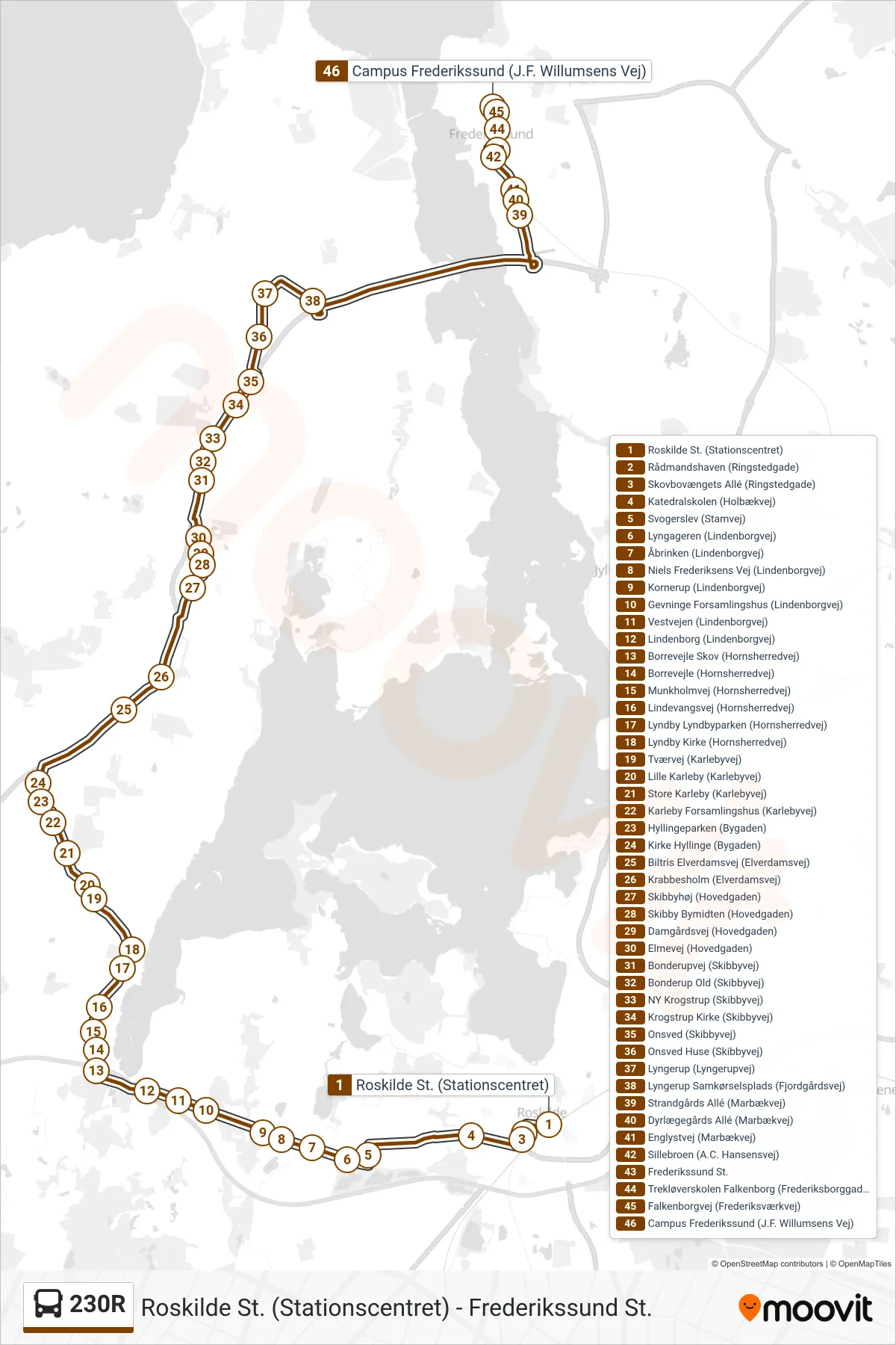 230R bus Linje (Campus Frederikssund Via Frederikssund St.) rute og stop på et kort