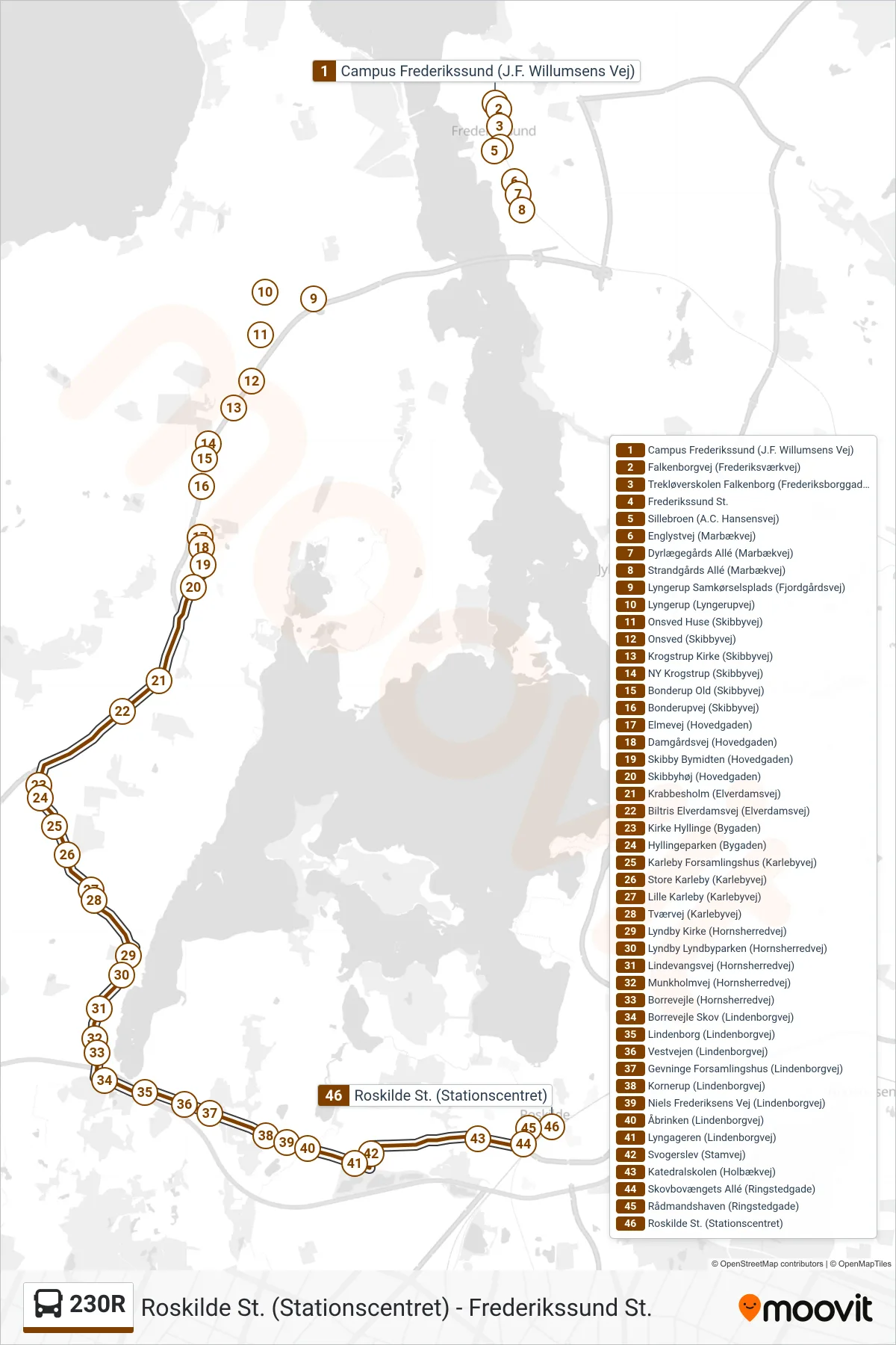 230R bus Linje (Roskilde St.) rute og stop på et kort