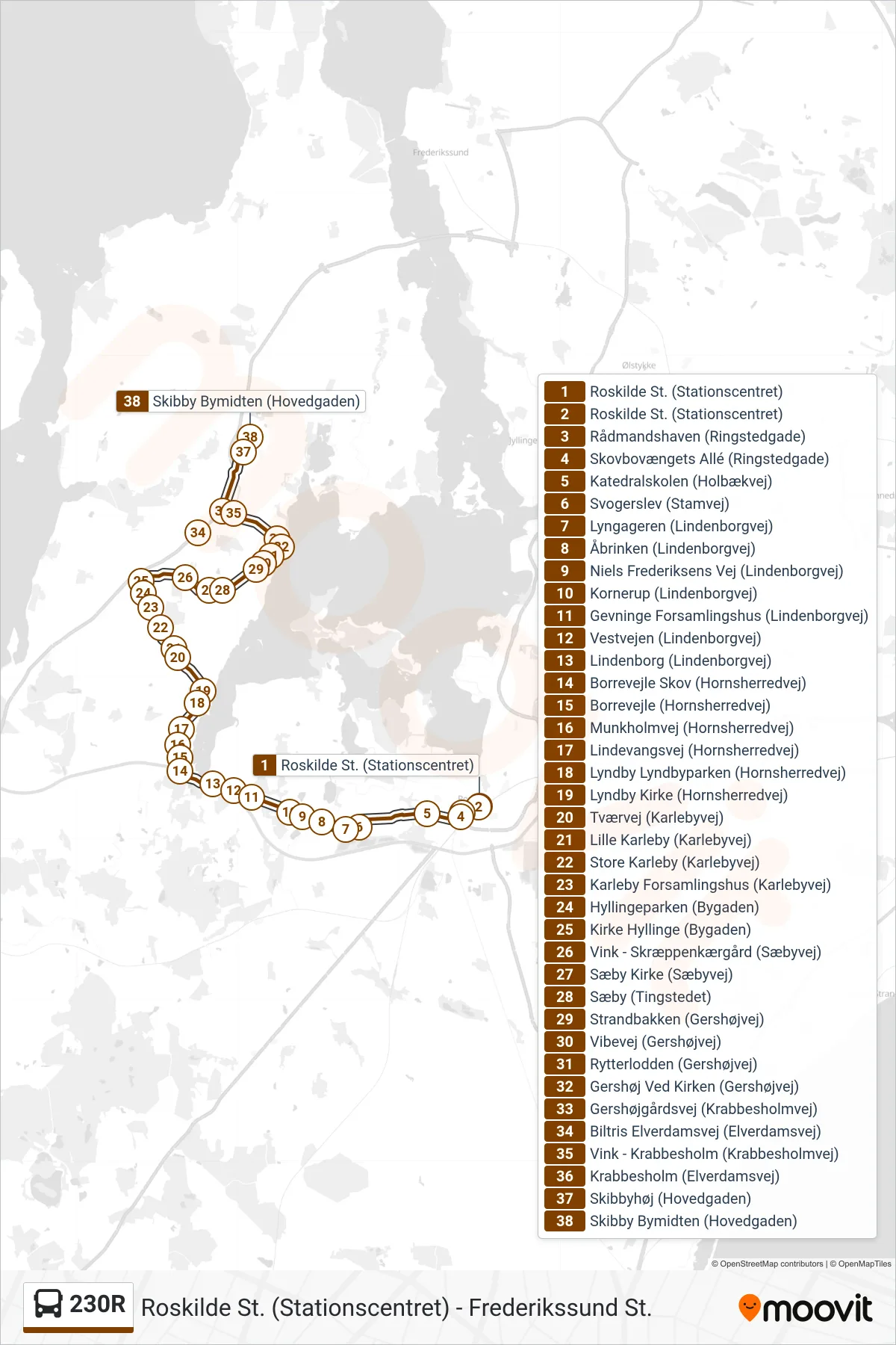230R bus Linje (Skibby) rute og stop på et kort