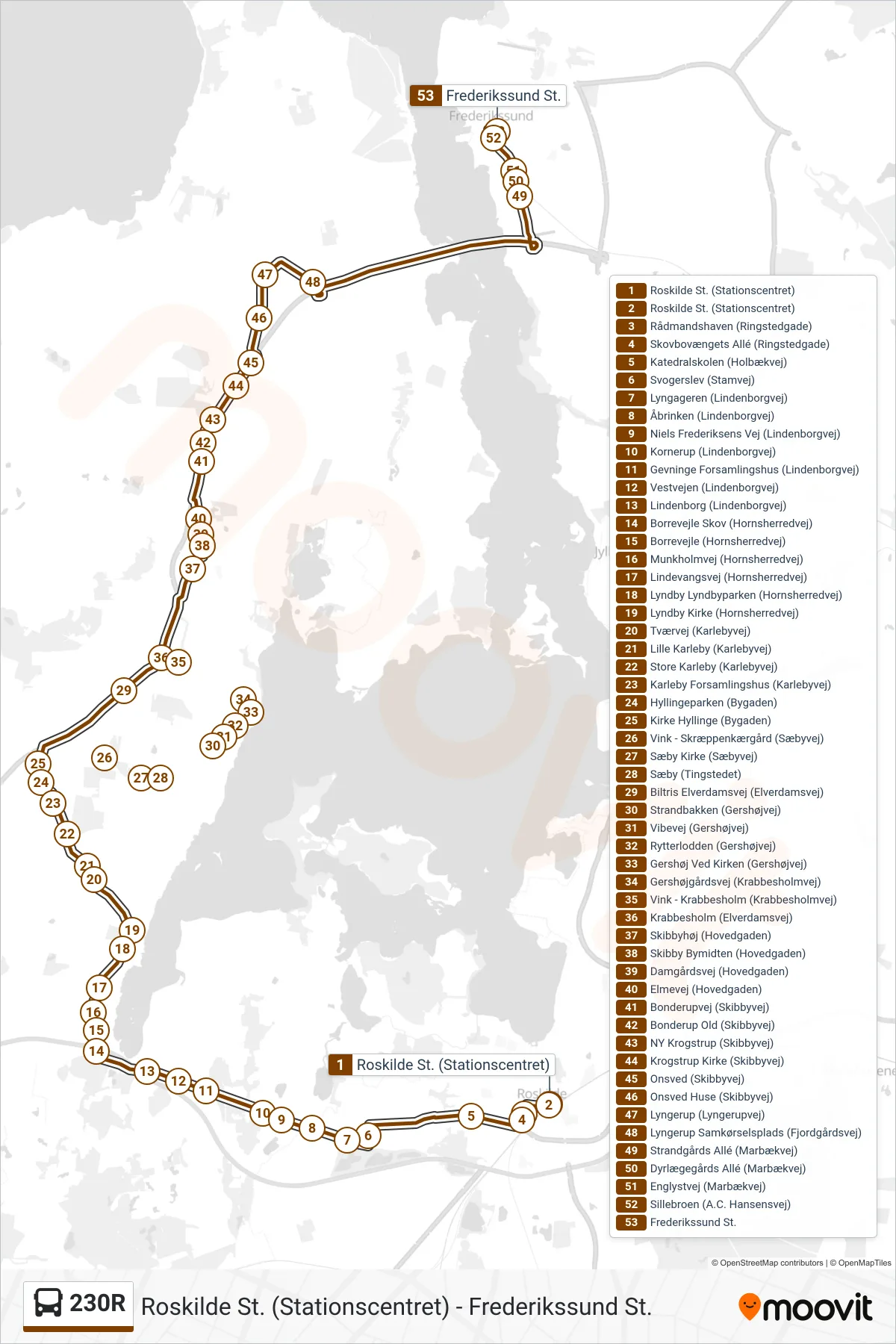 230R bus Linje (Frederikssund St.) rute og stop på et kort