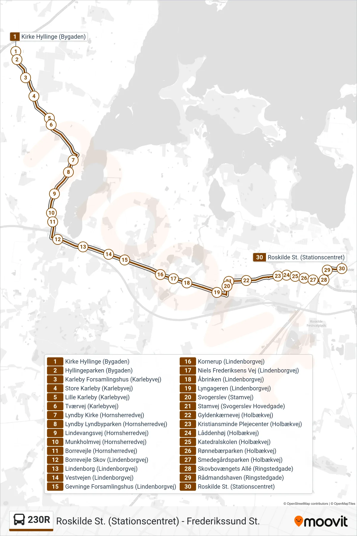230R bus Linje (Ekstra) rute og stop på et kort