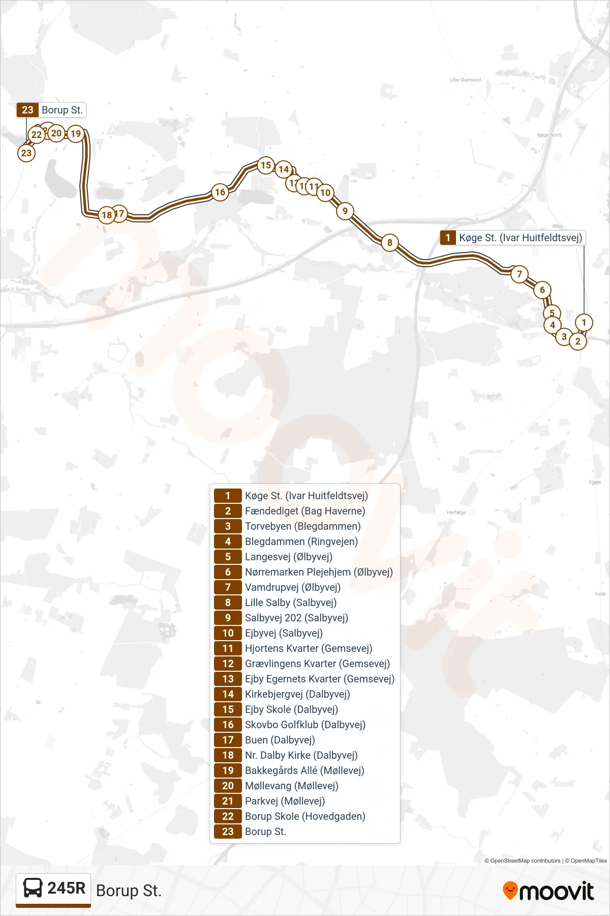 245R bus Linje (Borup St.) rute og stop på et kort