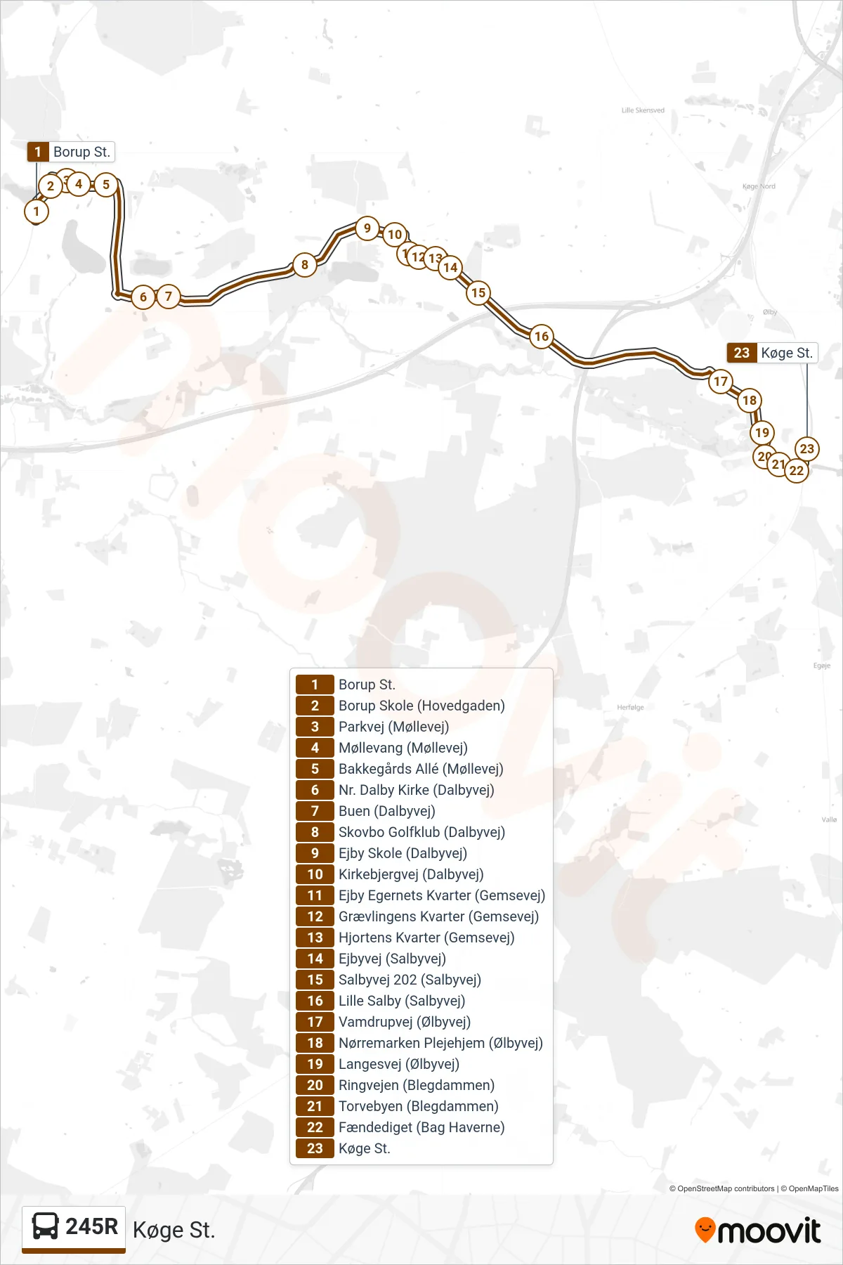 245R bus Linje (Køge St.) rute og stop på et kort