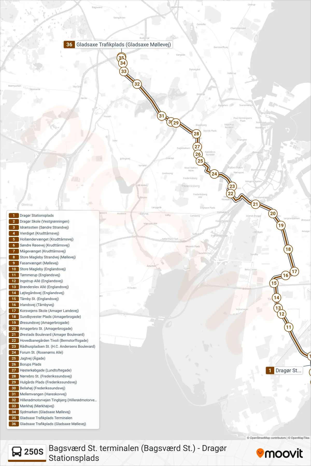 250S bus Linje (Gladsaxe Trafikplads) rute og stop på et kort