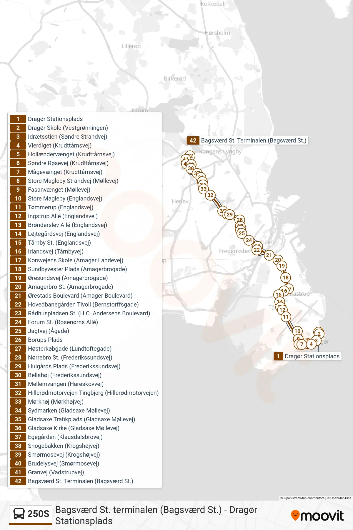 250S bus Linje (Bagsværd St.) rute og stop på et kort