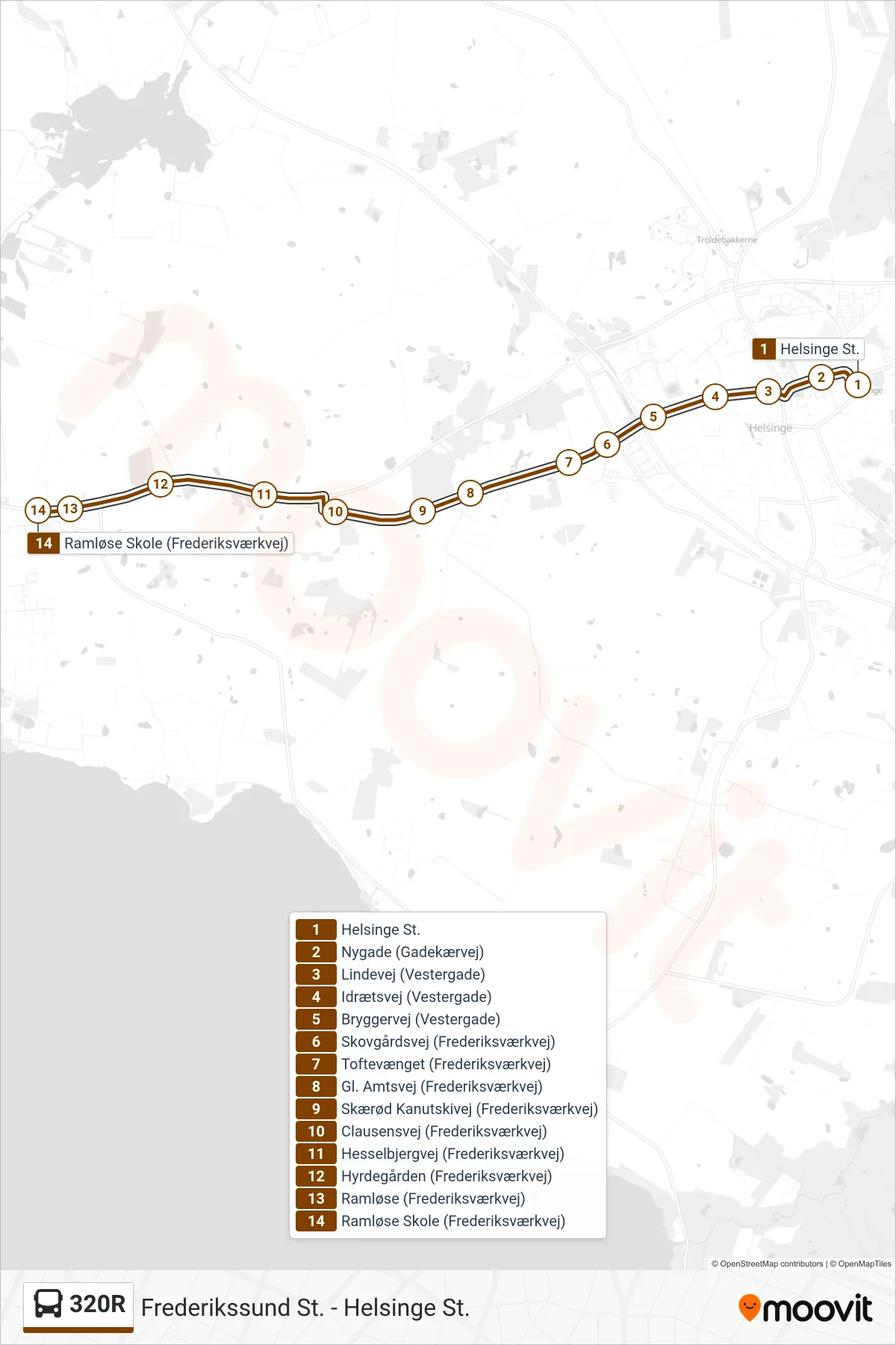 320R bus Linje (Ramløse Skole) rute og stop på et kort