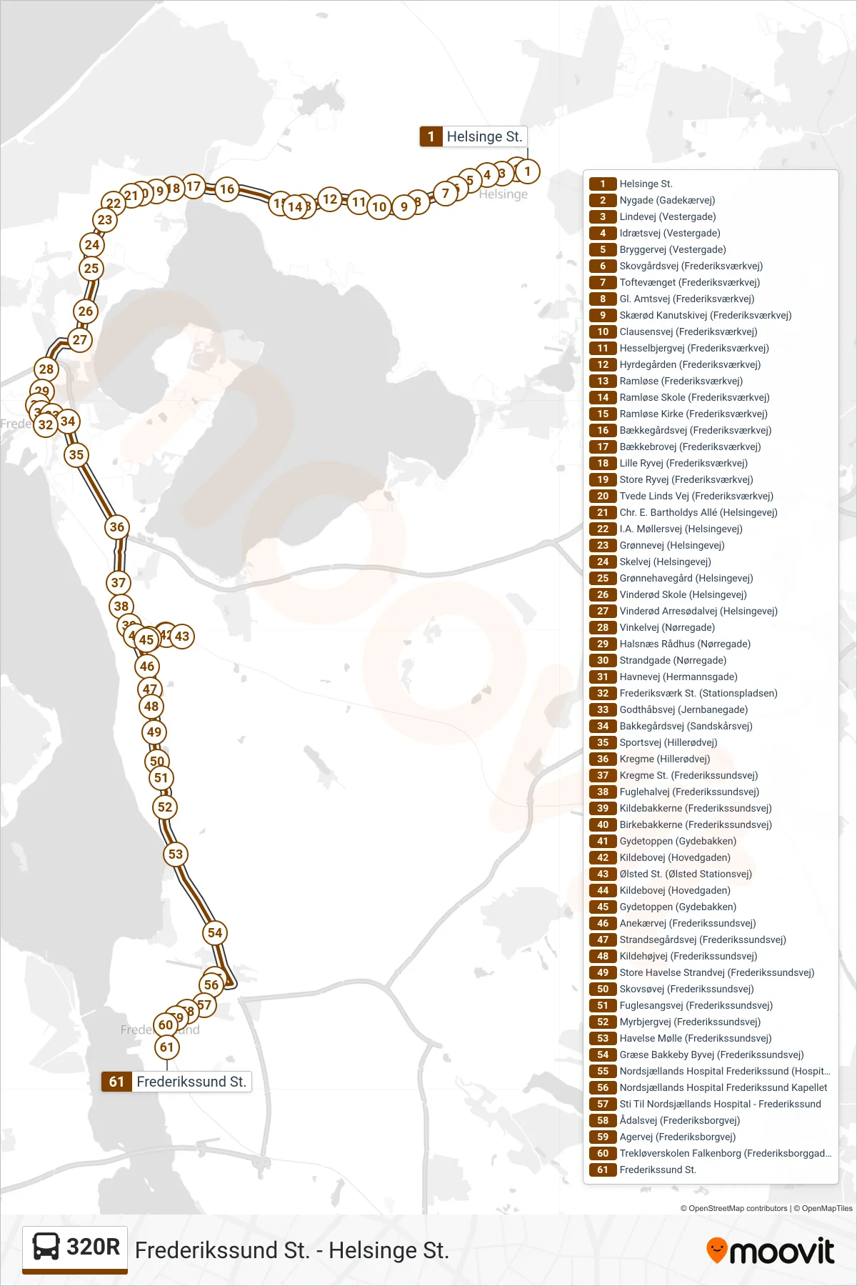 320R bus Linje (Frederikssund St.) rute og stop på et kort