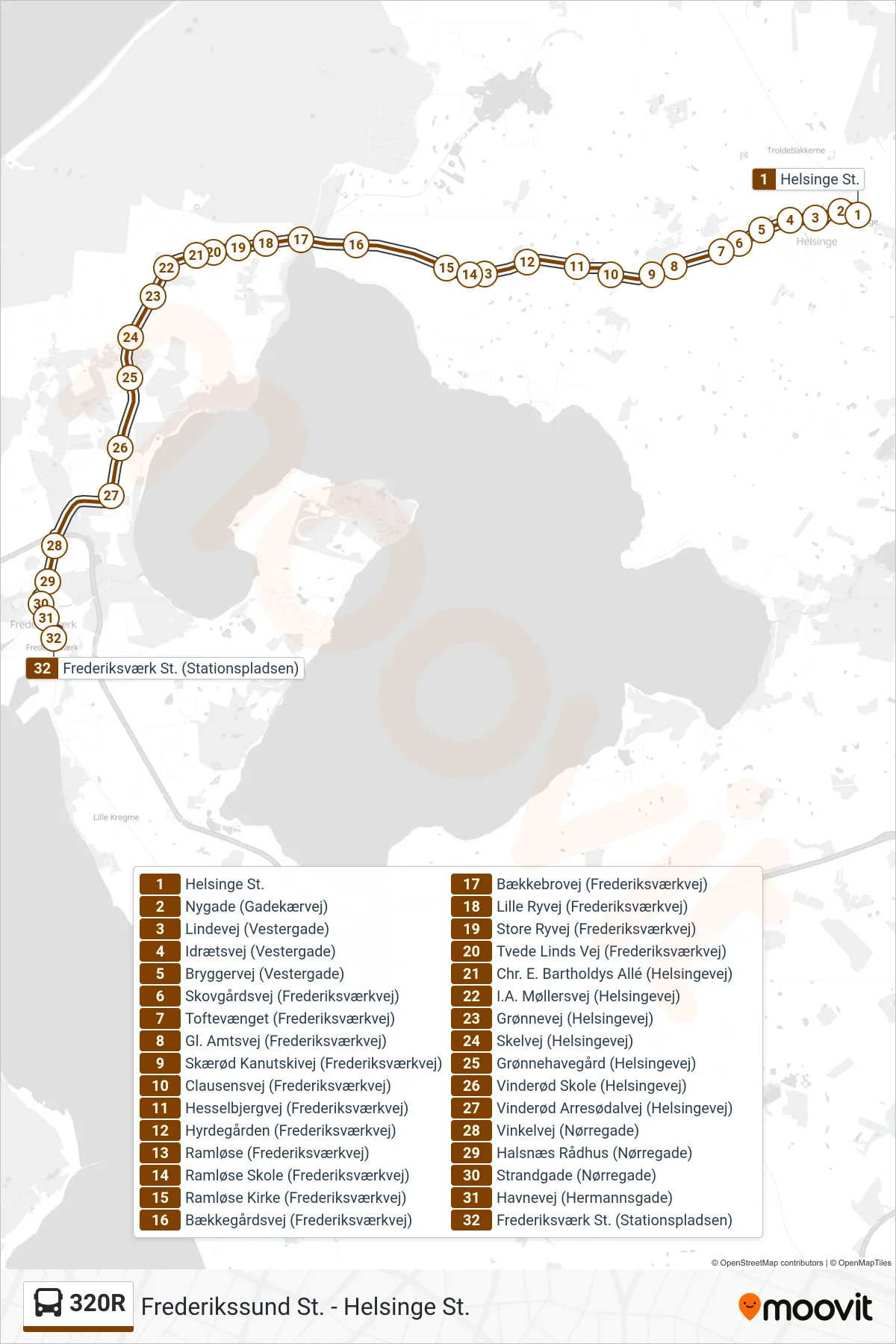 320R bus Linje (Frederiksværk St.) rute og stop på et kort