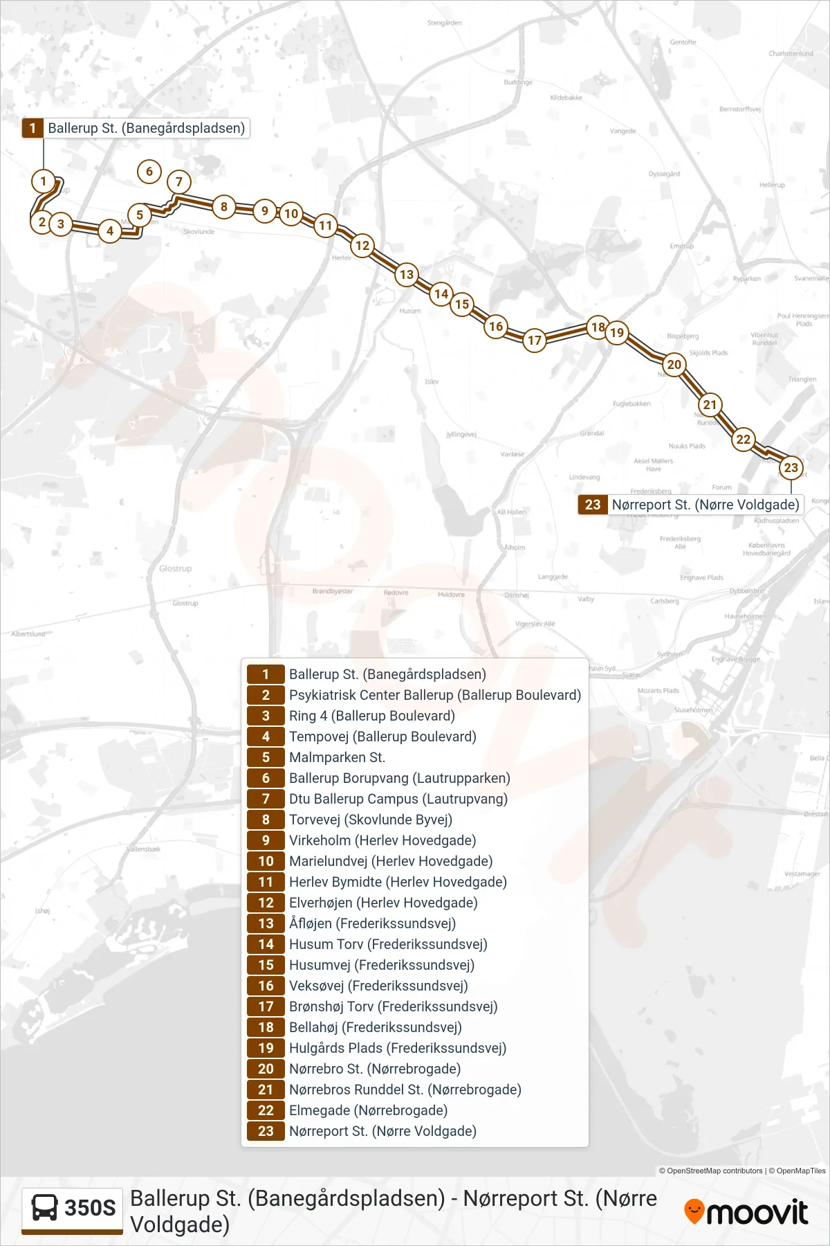 350S bus Line (Nørreport St.) route and stops on a map