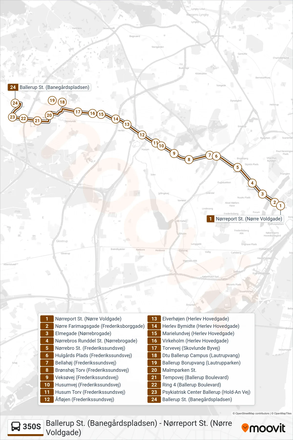 350S bus Linje (Ballerup St.) rute og stop på et kort