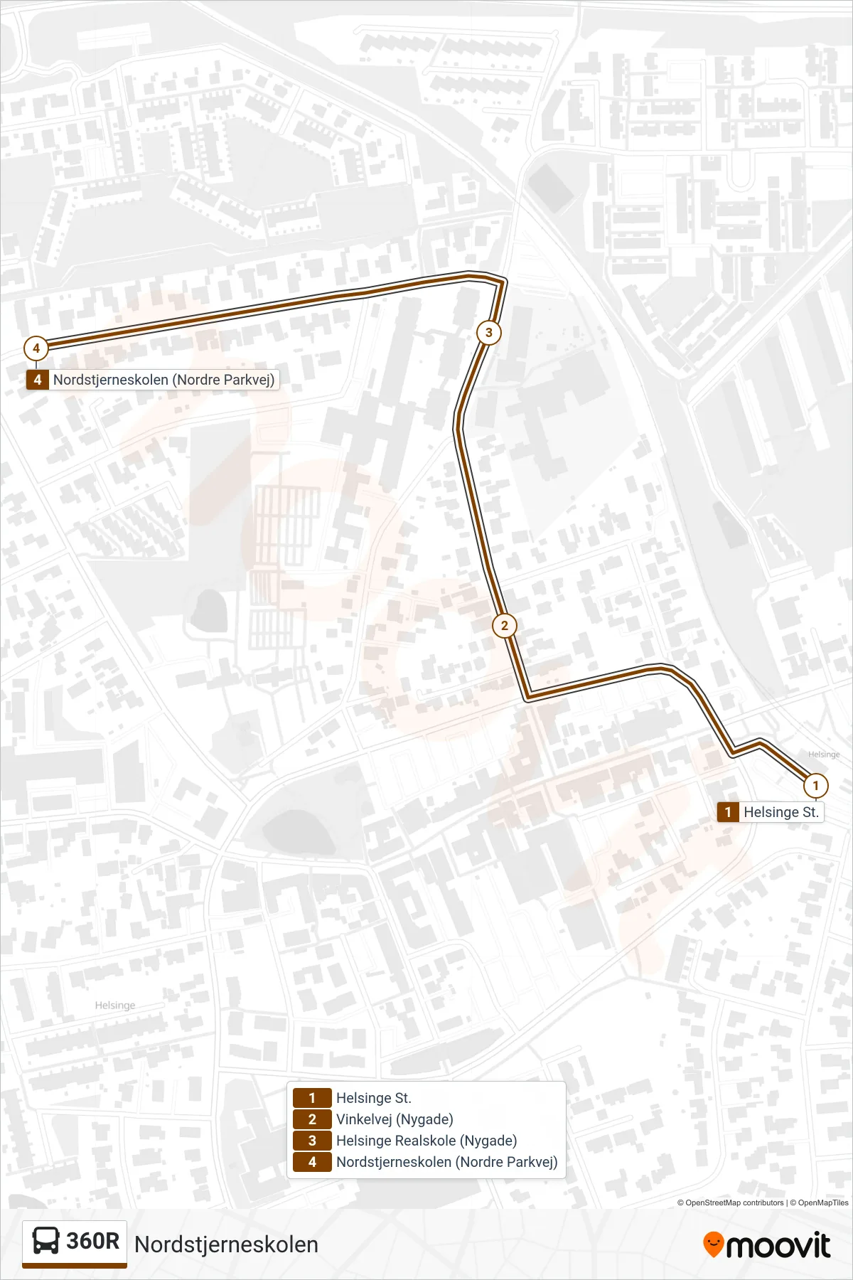 360R bus Linje (Nordstjerneskolen) rute og stop på et kort
