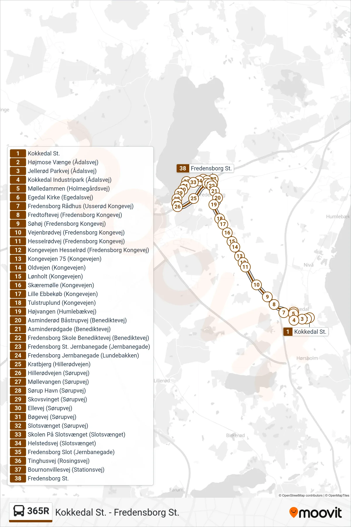 365R bus Linje (Fredensborg St.) rute og stop på et kort
