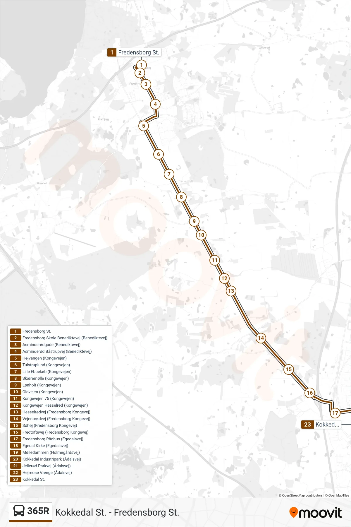 365R bus Linje (Kokkedal St.) rute og stop på et kort