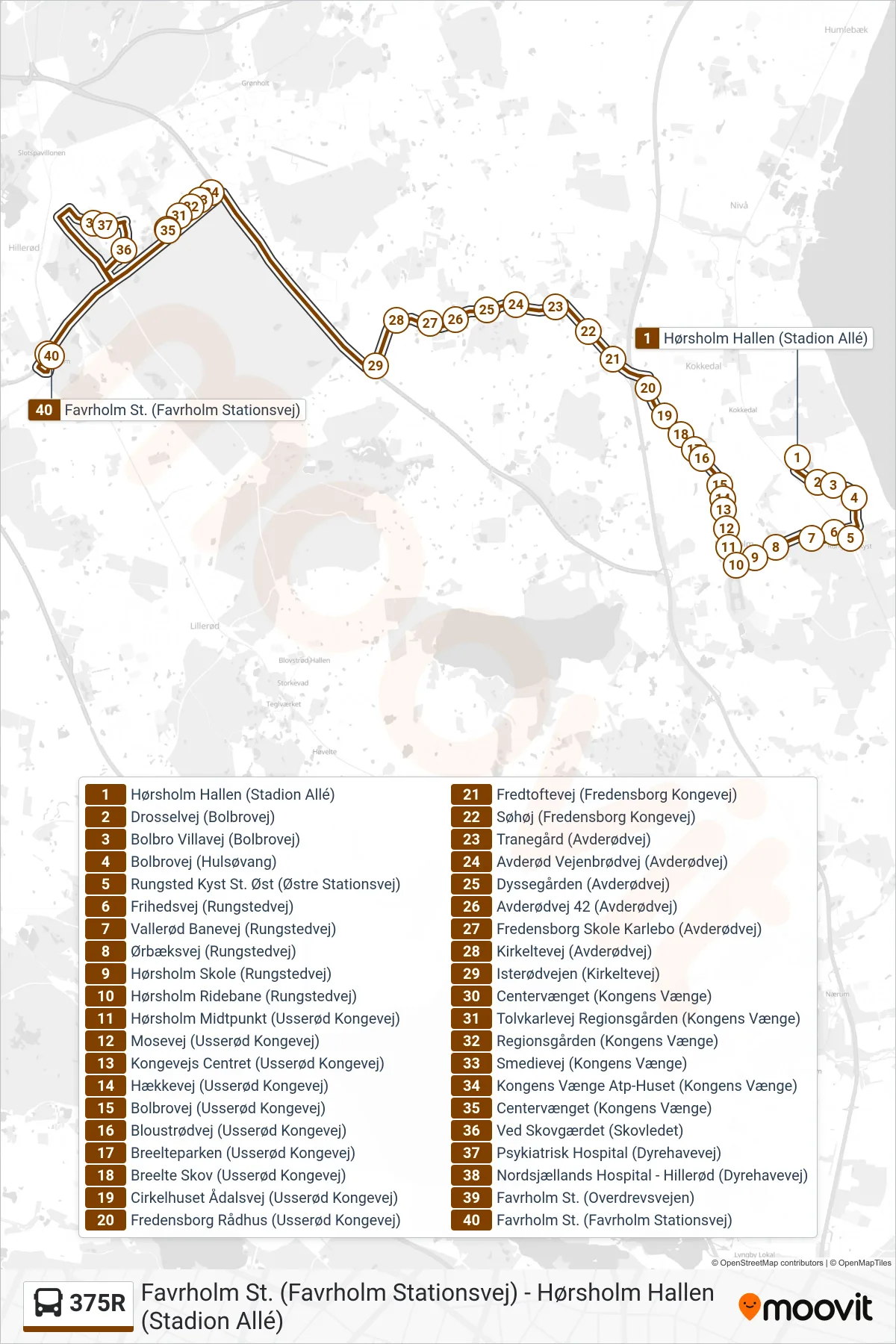 375R bus Linje (Favrholm St. (Favrholm Stationsvej)) rute og stop på et kort