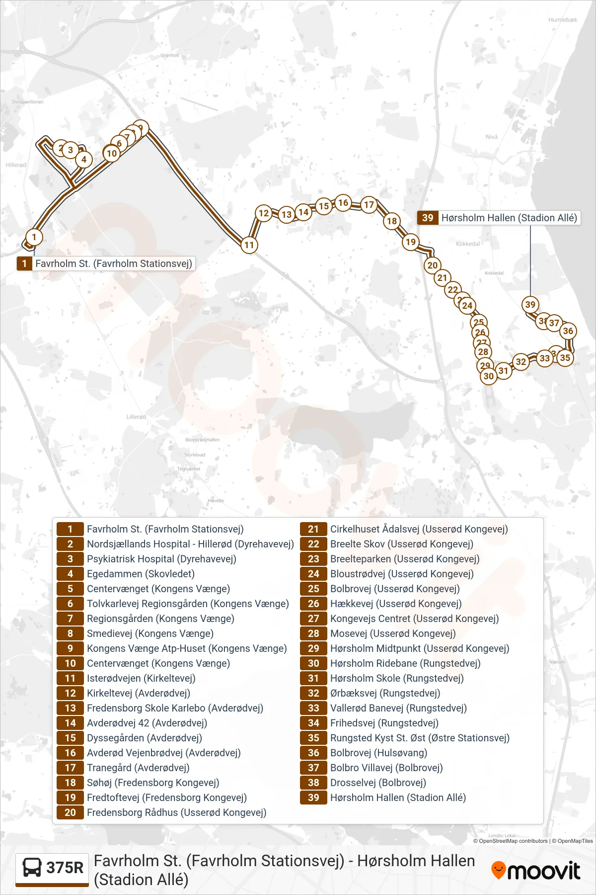 375R bus Linje (Hørsholm Hallen (Stadion Allé)) rute og stop på et kort