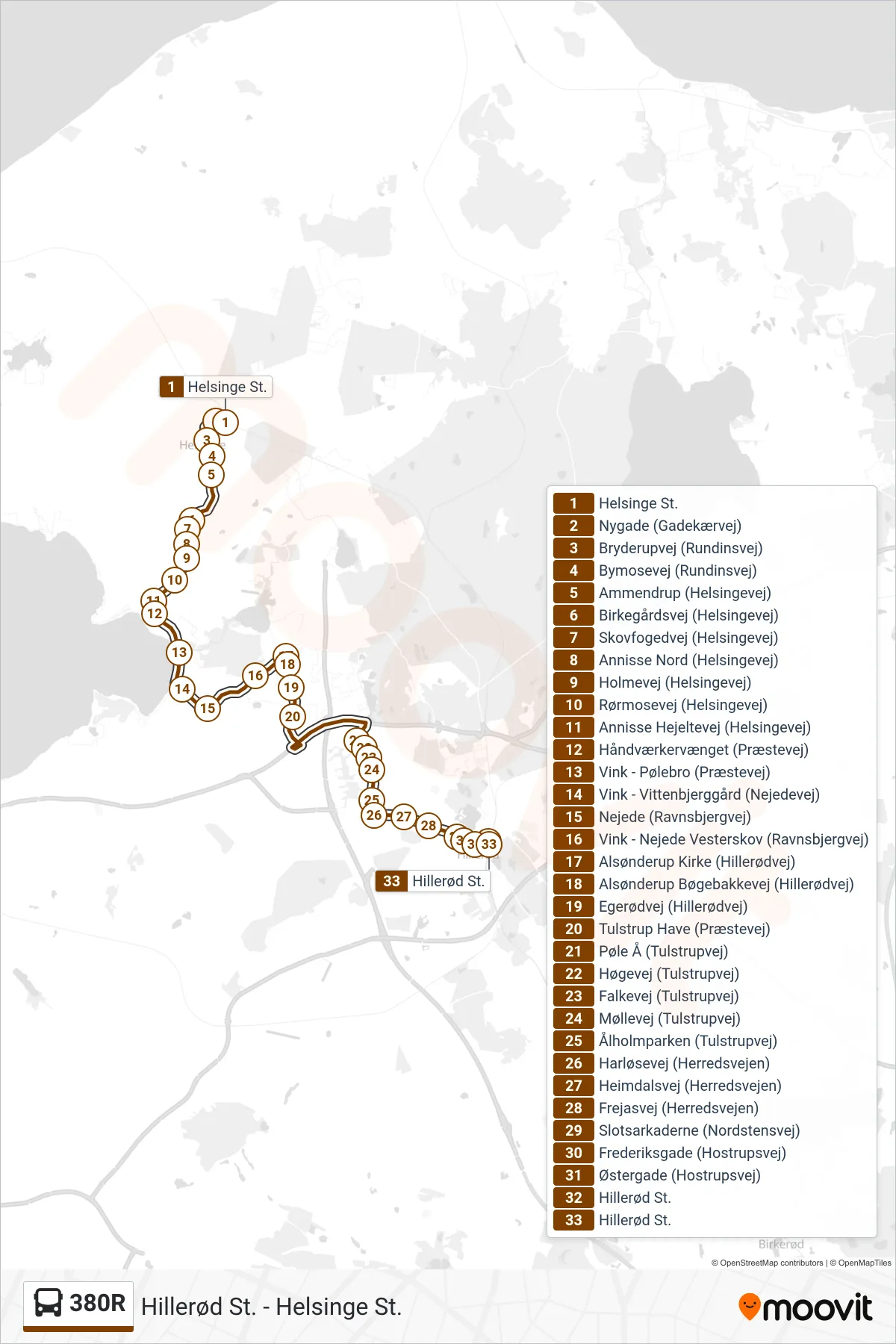 380R bus Linje (Hillerød St.) rute og stop på et kort