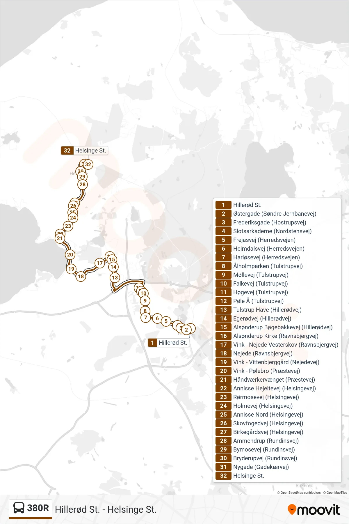 380R bus Linje (Helsinge St.) rute og stop på et kort