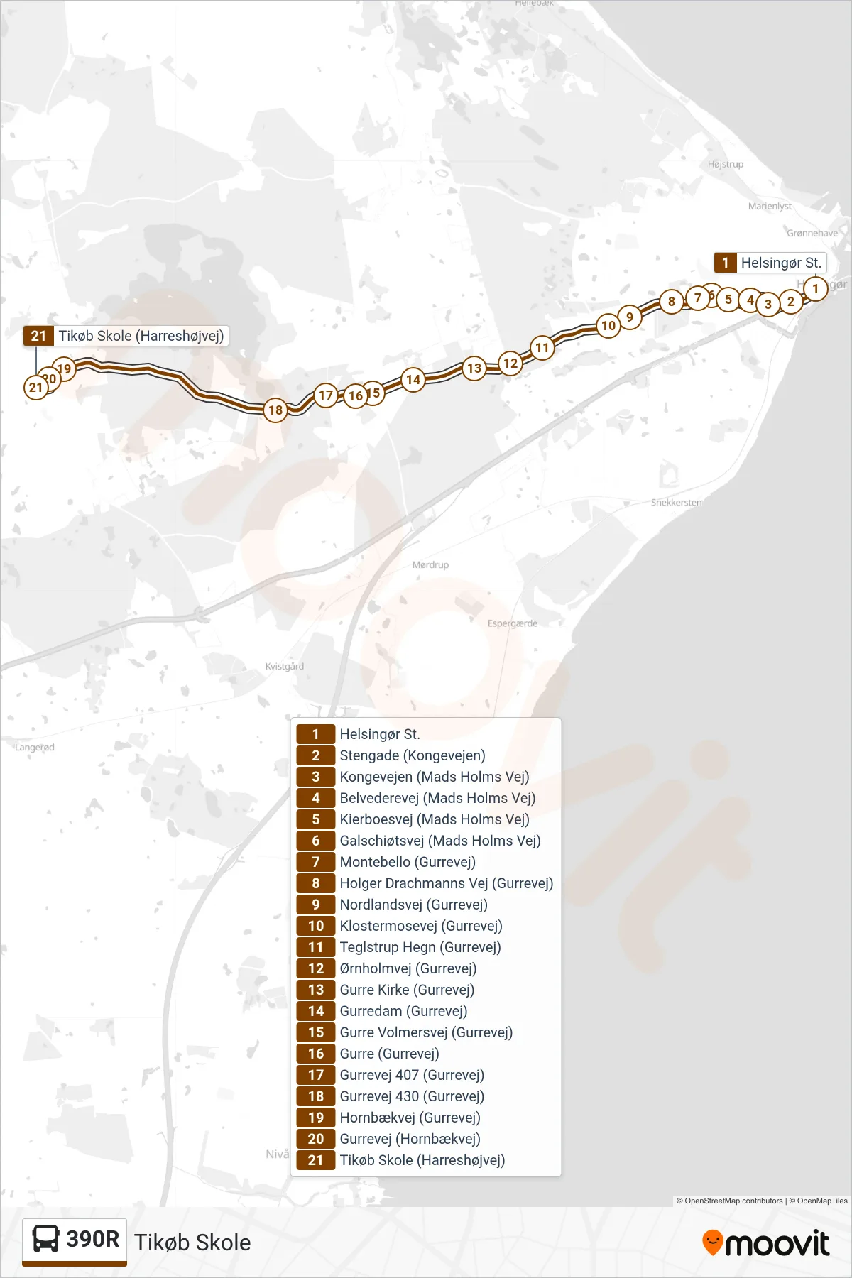 390R bus Linje (Tikøb Skole) rute og stop på et kort