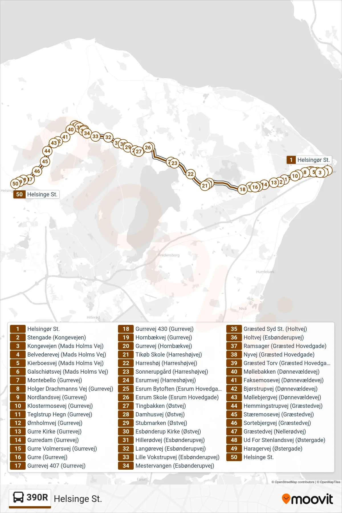 390R bus Linje (Helsinge St.) rute og stop på et kort