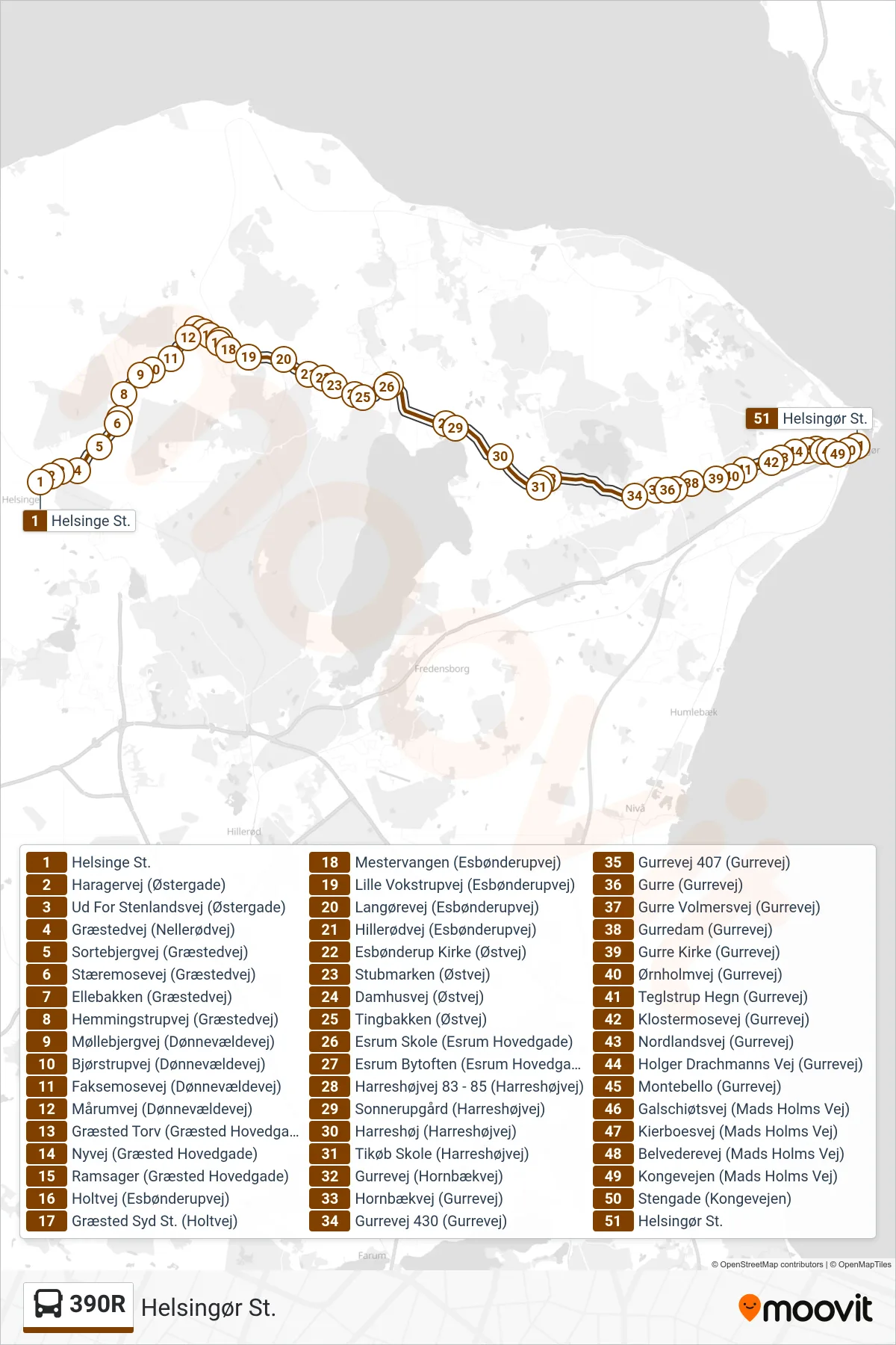 390R bus Linje (Helsingør St.) rute og stop på et kort
