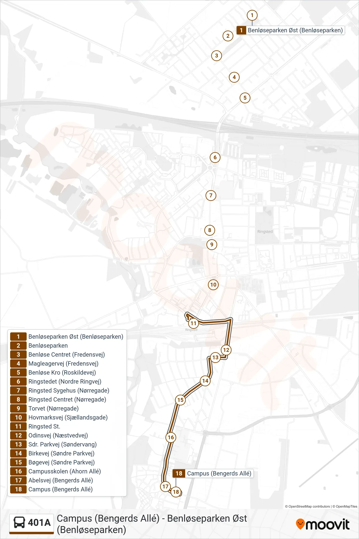 401A bus Linje (Campus) rute og stop på et kort