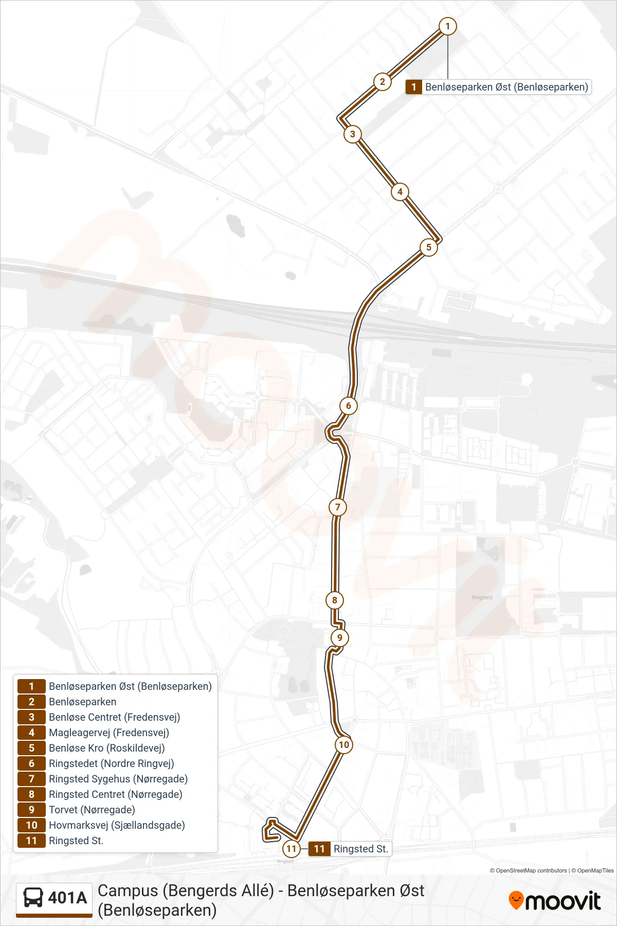 401A bus Linje (Ringsted St.) rute og stop på et kort