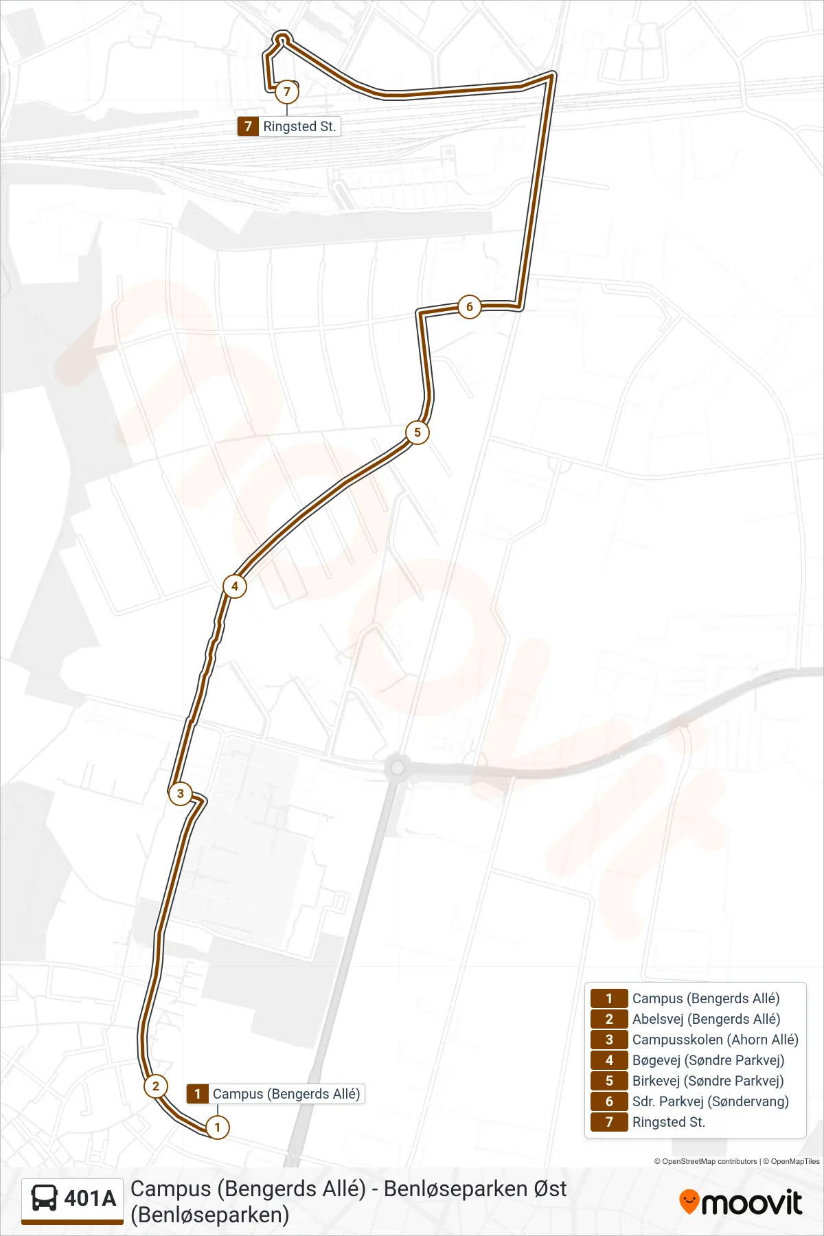 401A bus Linje (Ringsted St.) rute og stop på et kort