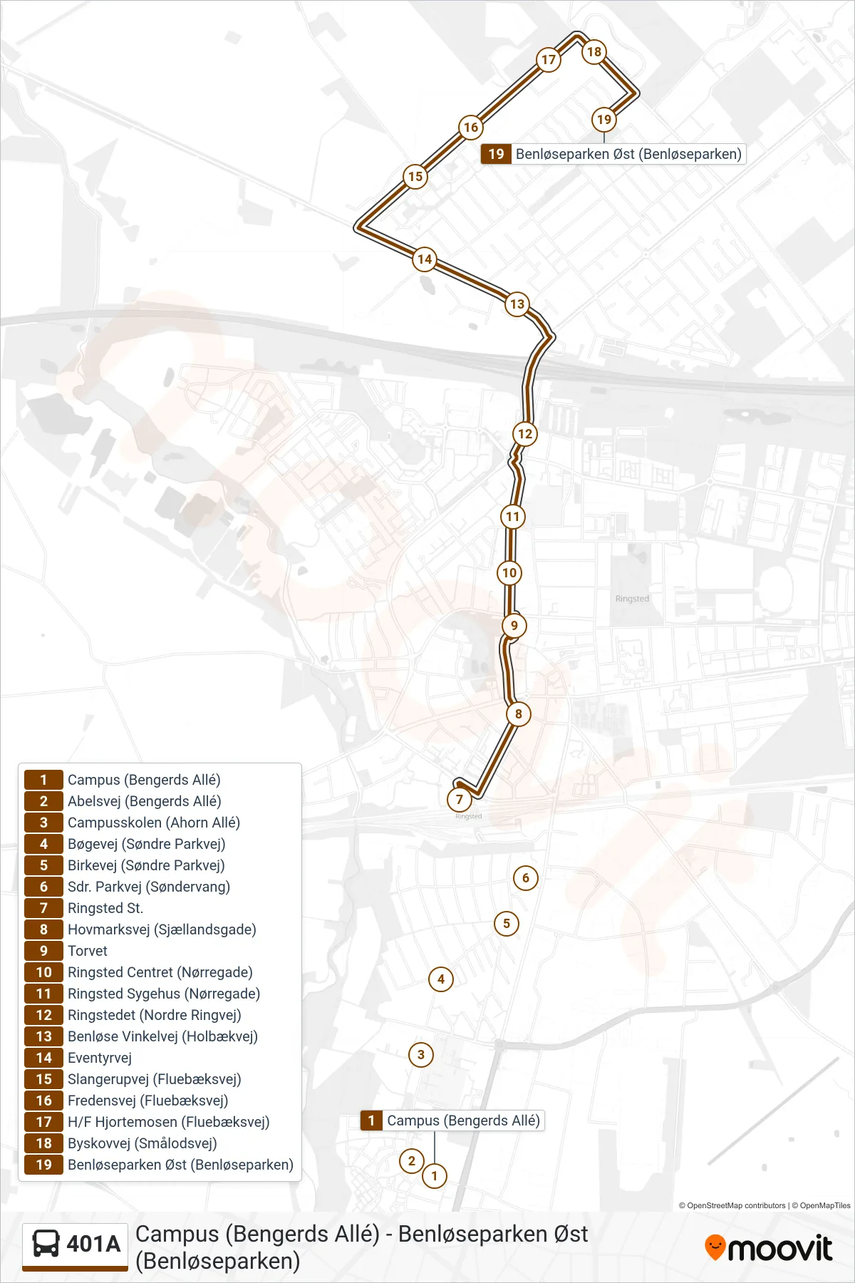 401A bus Linje (Benløseparken Øst) rute og stop på et kort
