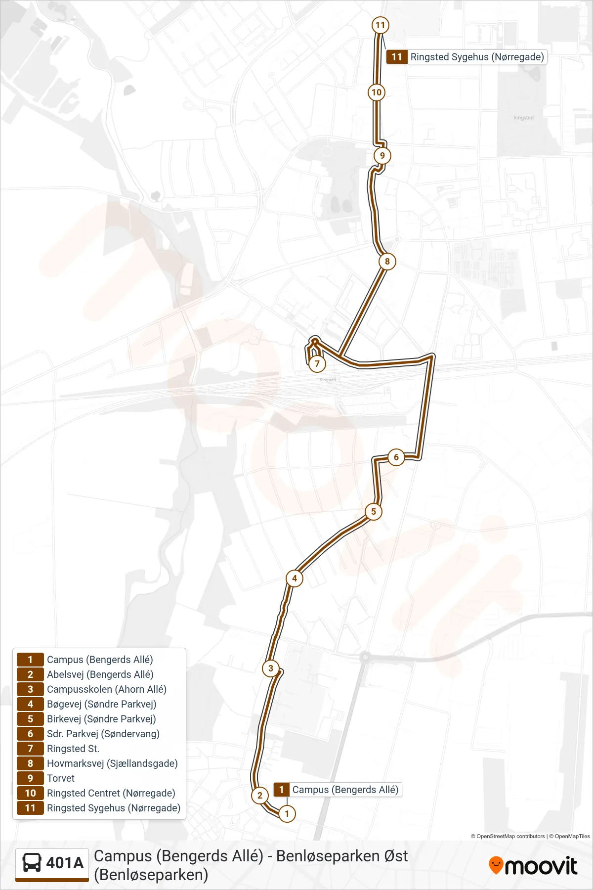 401A bus Linje (Ringsted Sygehus) rute og stop på et kort