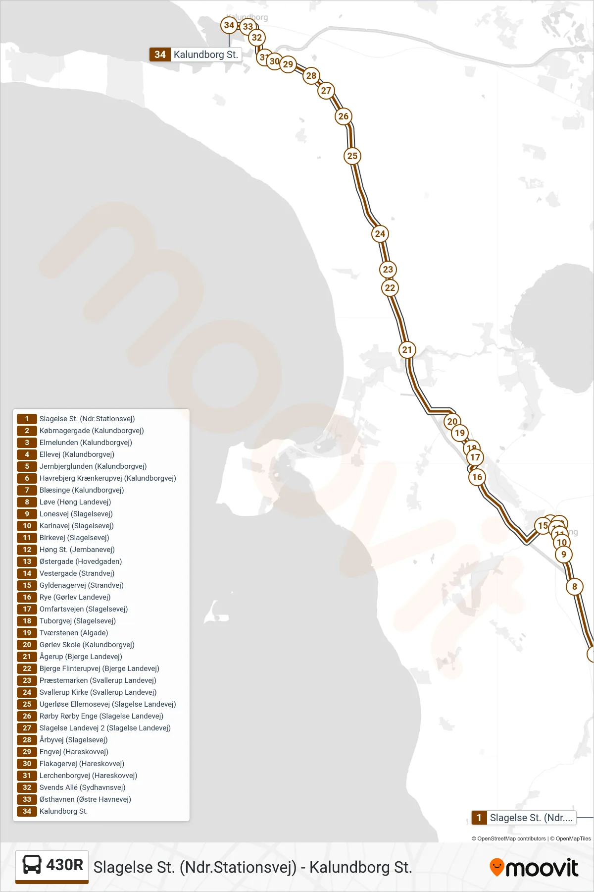 430R bus Linje (Kalundborg St.) rute og stop på et kort