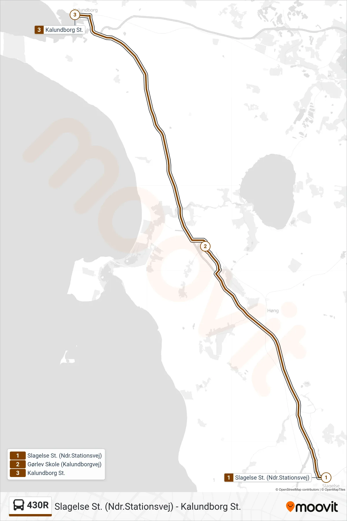 430R bus Linje (Kalundborg St. Gennemgående) rute og stop på et kort