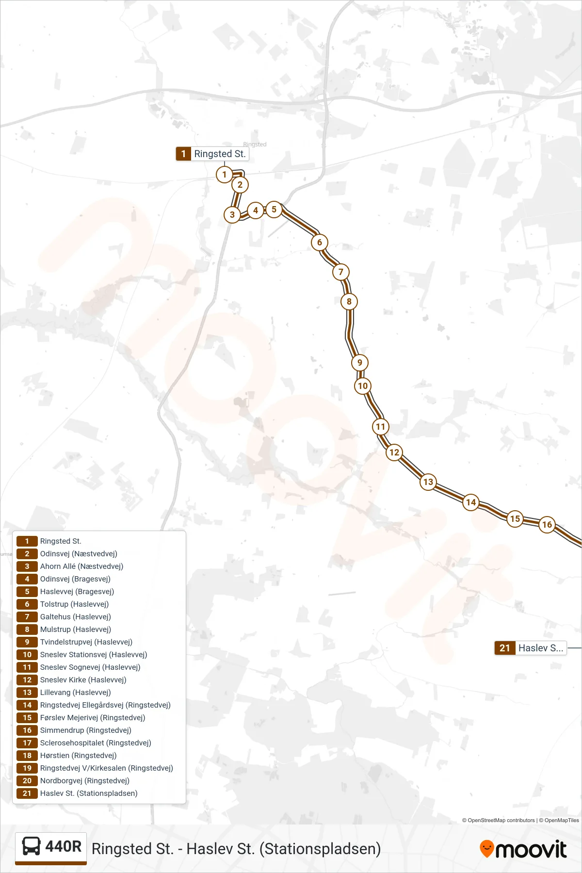 440R bus Linje (Haslev St.) rute og stop på et kort