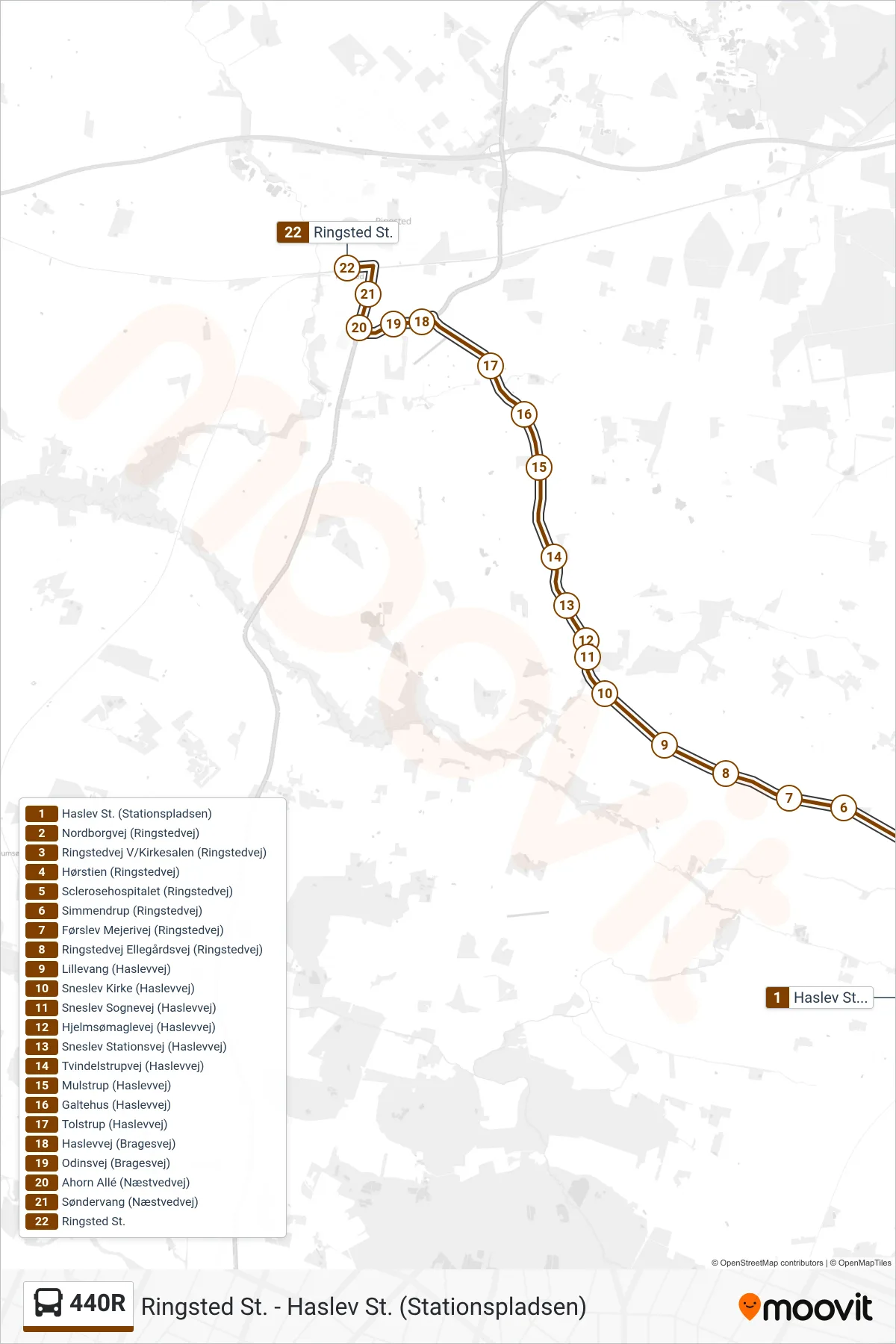 440R bus Linje (Ringsted St.) rute og stop på et kort