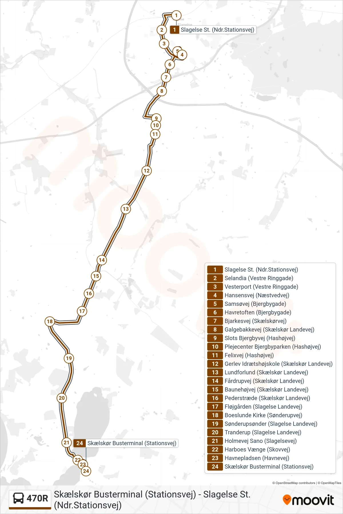 470R bus Linje (Skælskør Busterminal) rute og stop på et kort