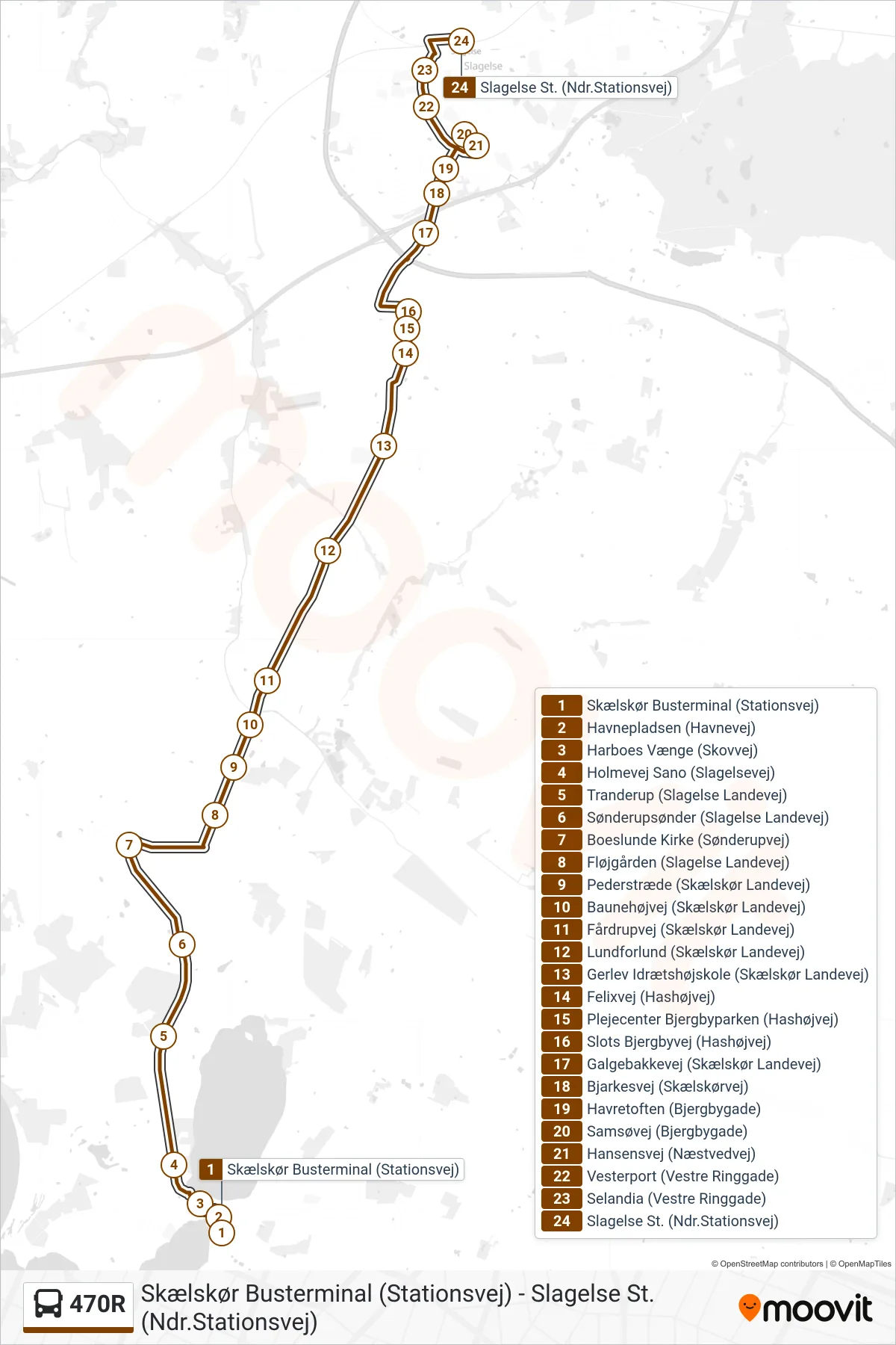 470R bus Linje (Slagelse St.) rute og stop på et kort