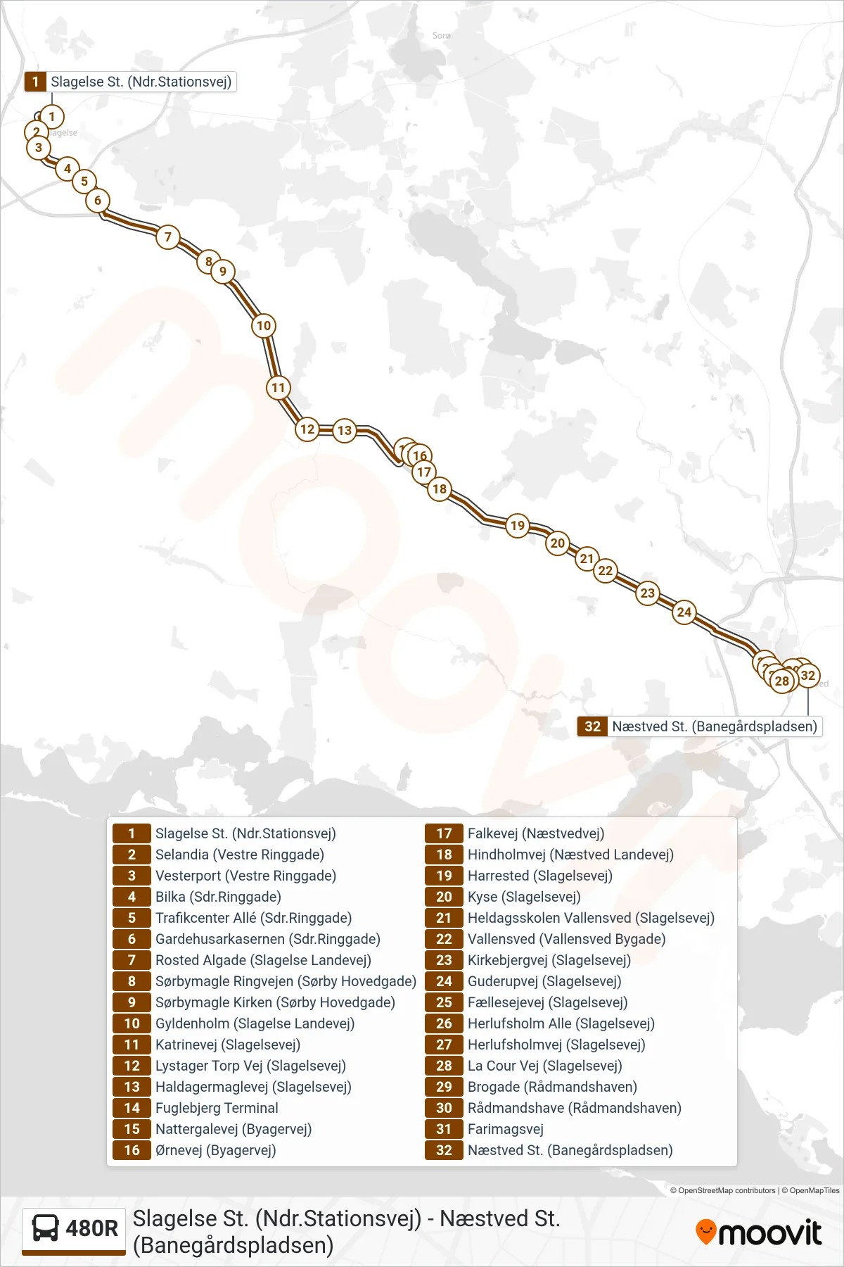 480R bus Linje (Næstved St.) rute og stop på et kort