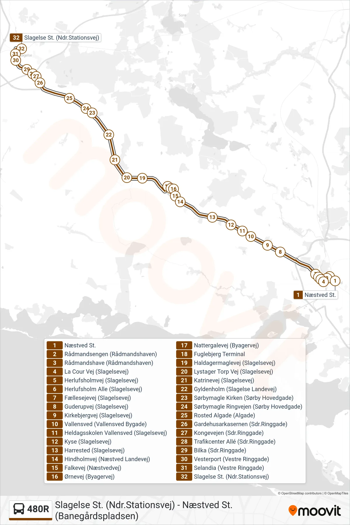 480R bus Linje (Slagelse St.) rute og stop på et kort