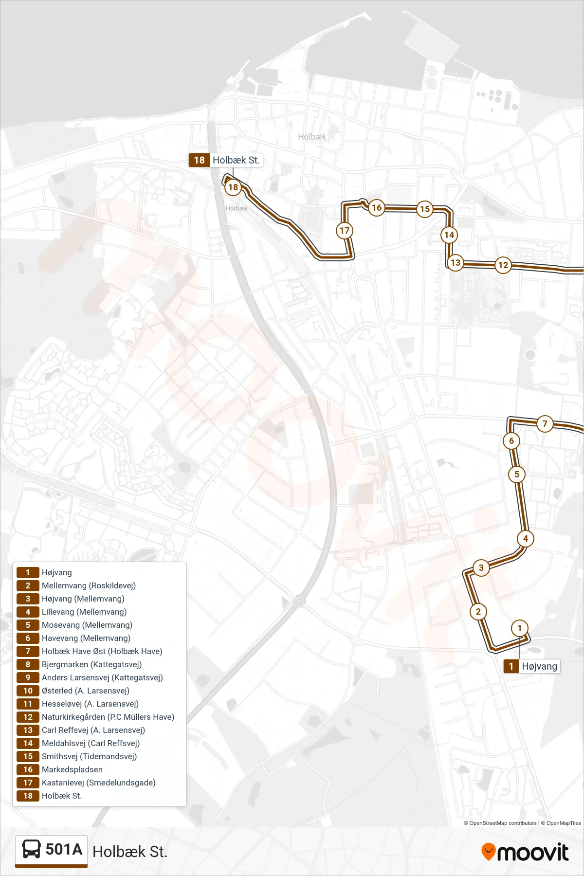501A bus Linje (Holbæk St.) rute og stop på et kort