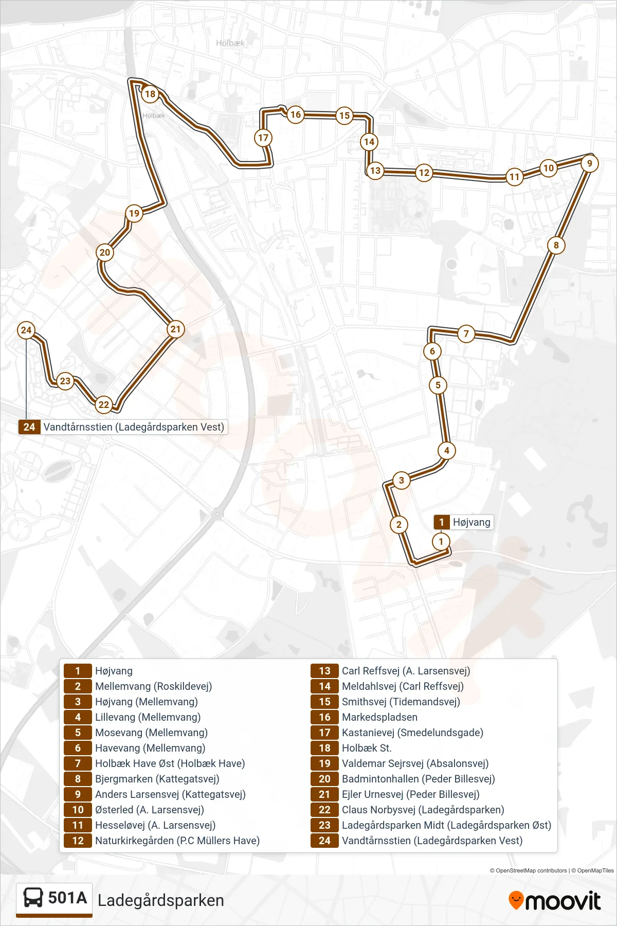 501A bus Linje (Ladegårdsparken) rute og stop på et kort