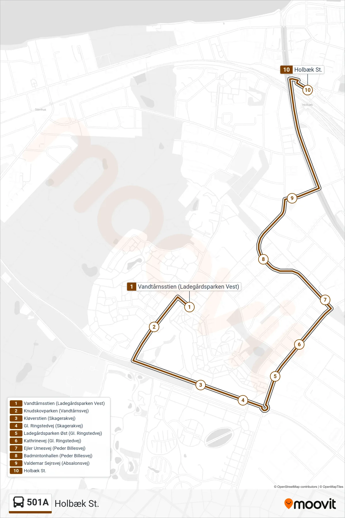 501A bus Linje (Holbæk St.) rute og stop på et kort