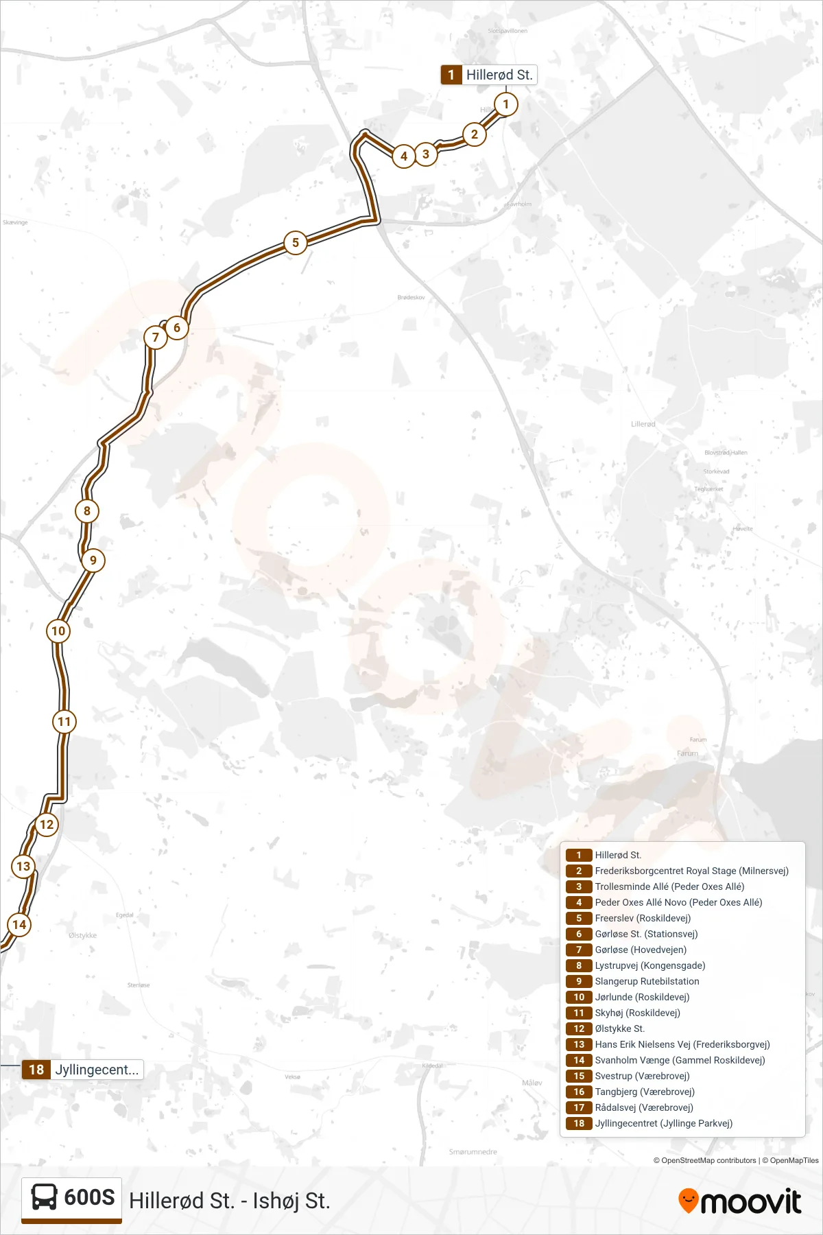 600S bus Line (Jyllingecentret) route and stops on a map