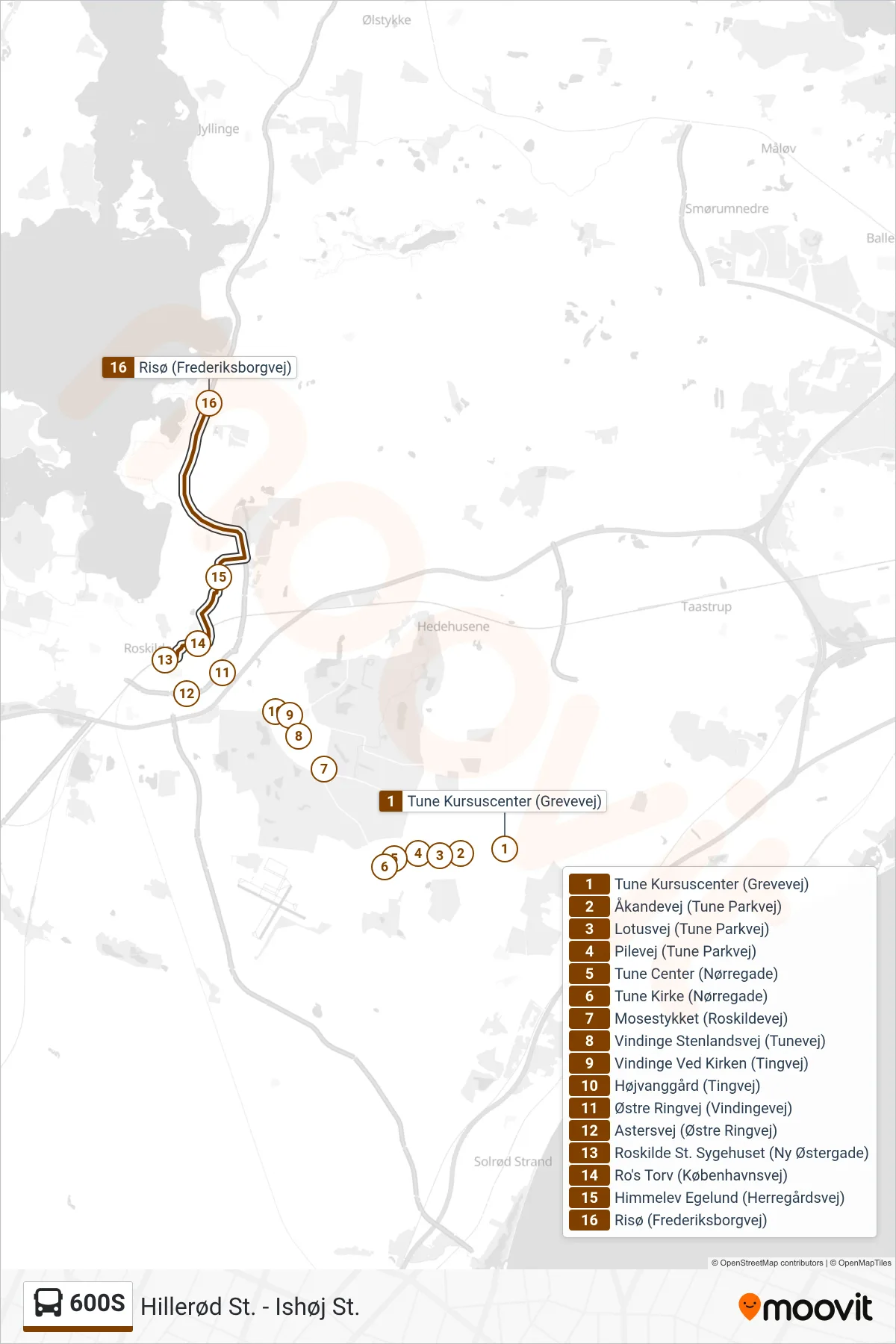 600S bus Line (Risø) route and stops on a map