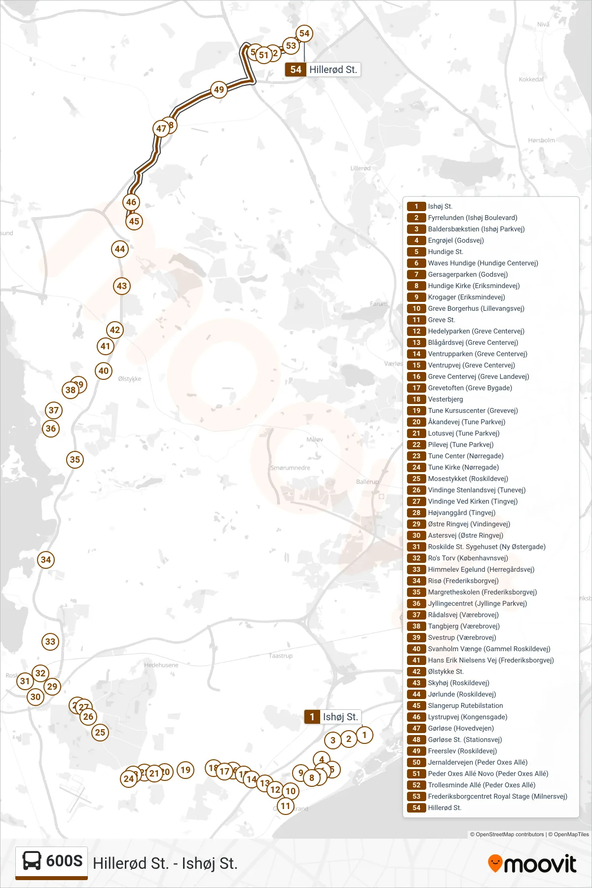 600S bus Linje (Hillerød St.) rute og stop på et kort
