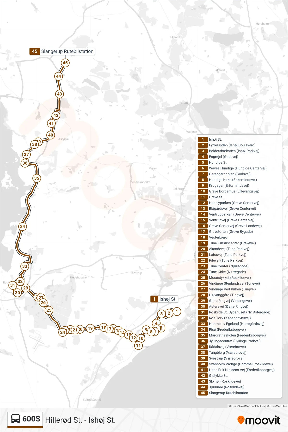 600S bus Linje (Slangerup Rutebilstation) rute og stop på et kort