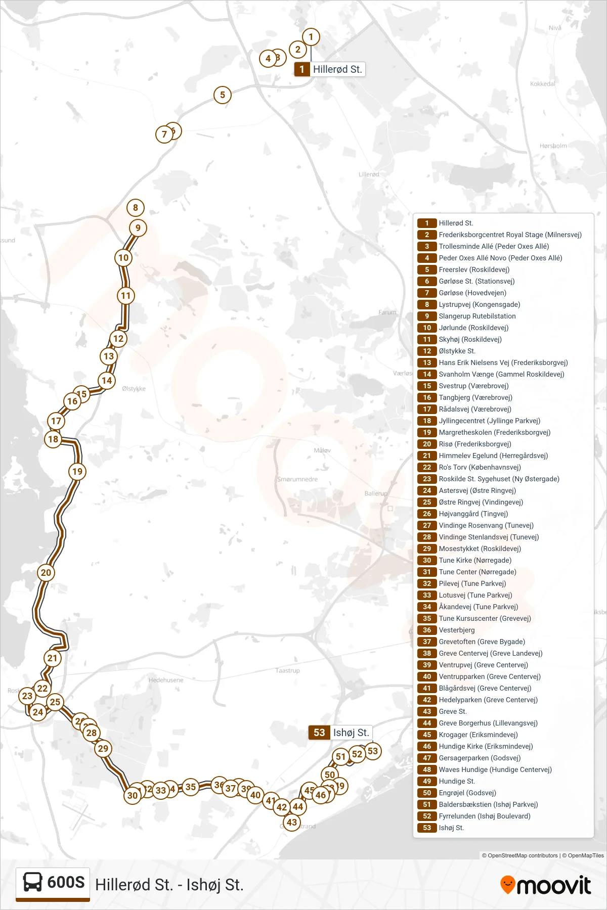 600S bus Linje (Ishøj St.) rute og stop på et kort