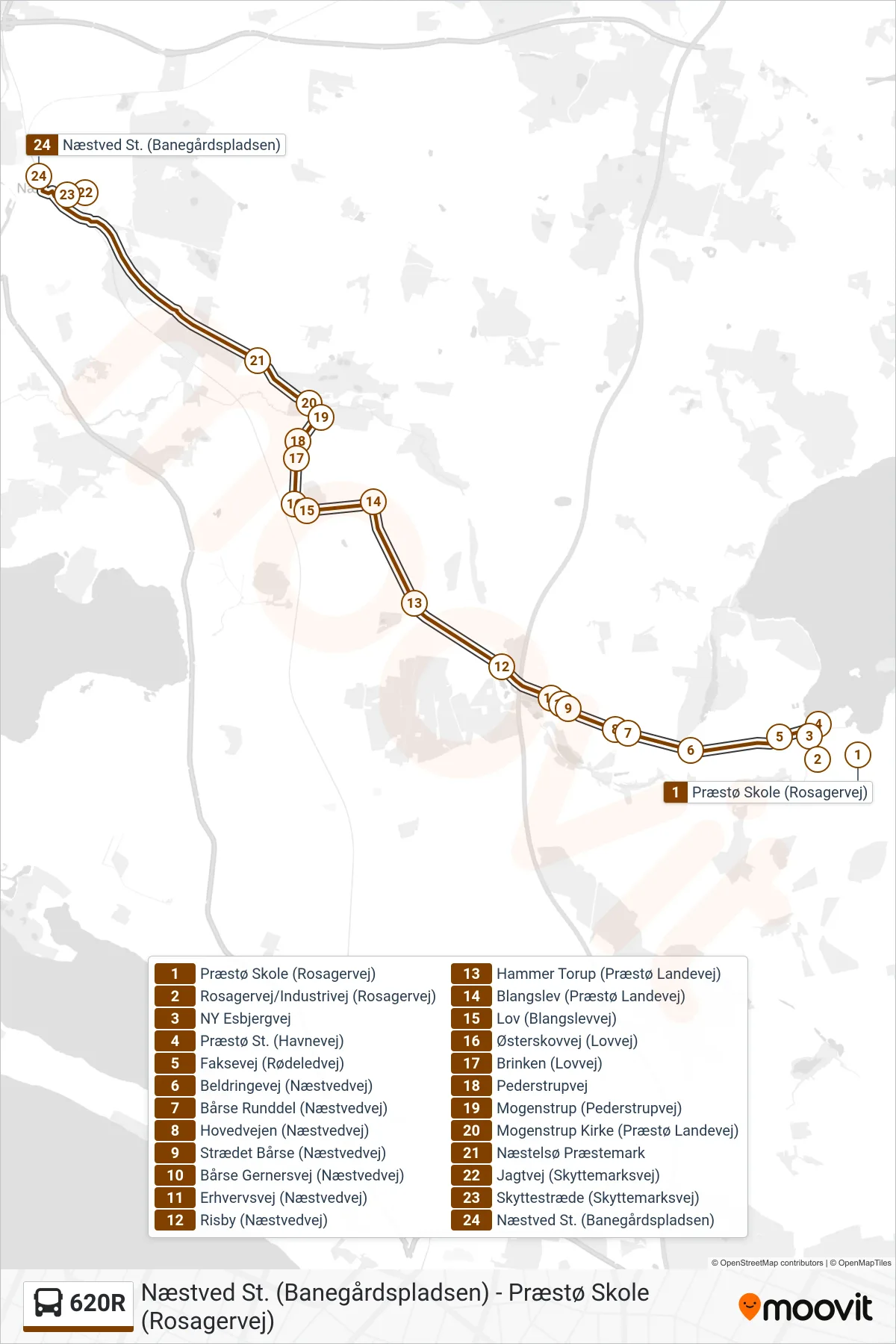 620R bus Linje (Næstved St.) rute og stop på et kort