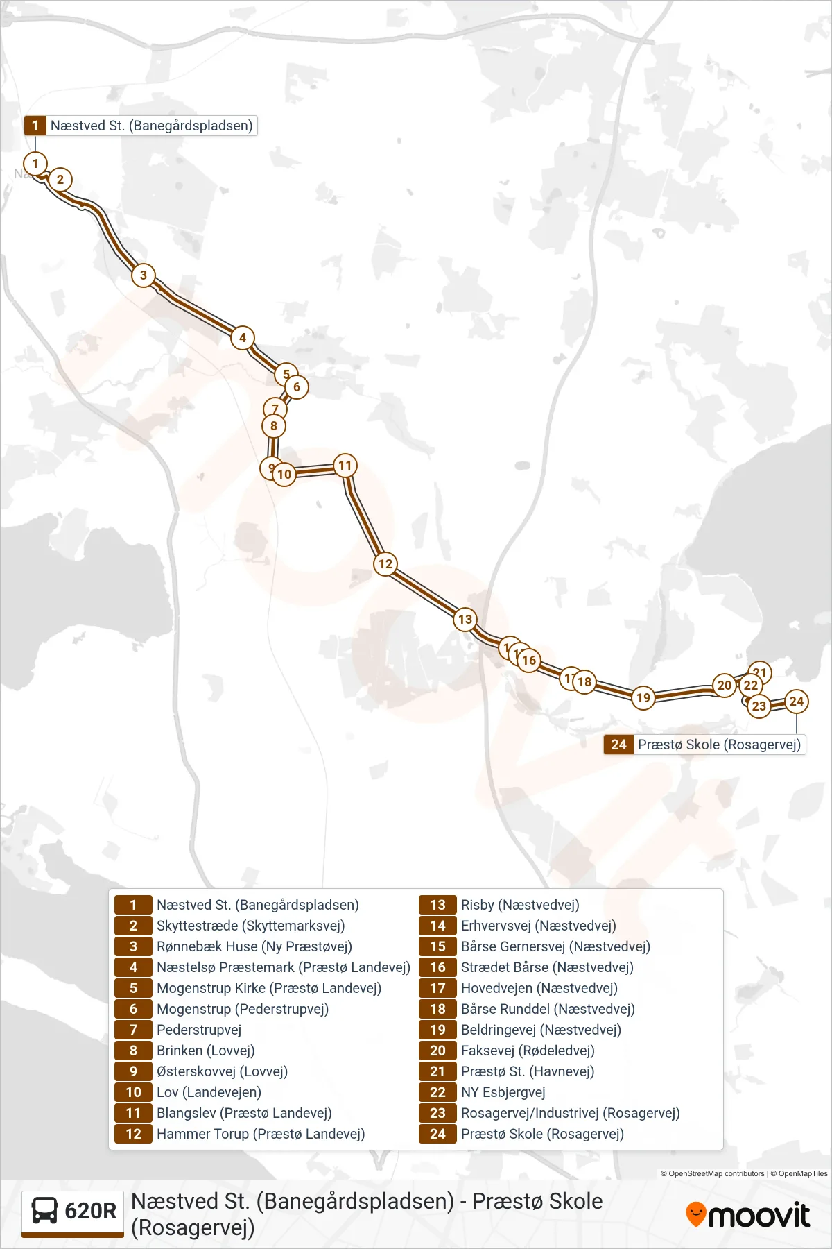 620R bus Line (Rosagervej/Østerbro) route and stops on a map