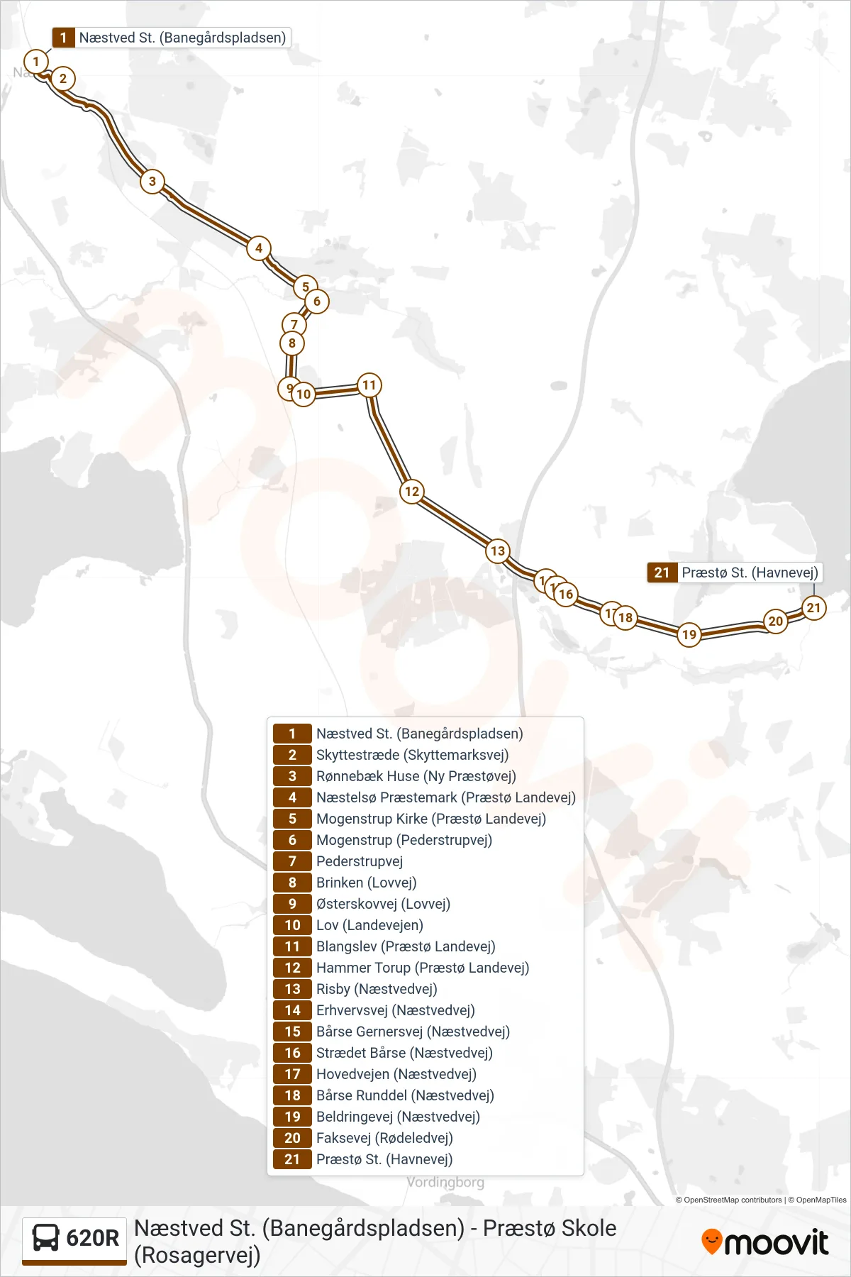 620R bus Linje (Præstø St.) rute og stop på et kort