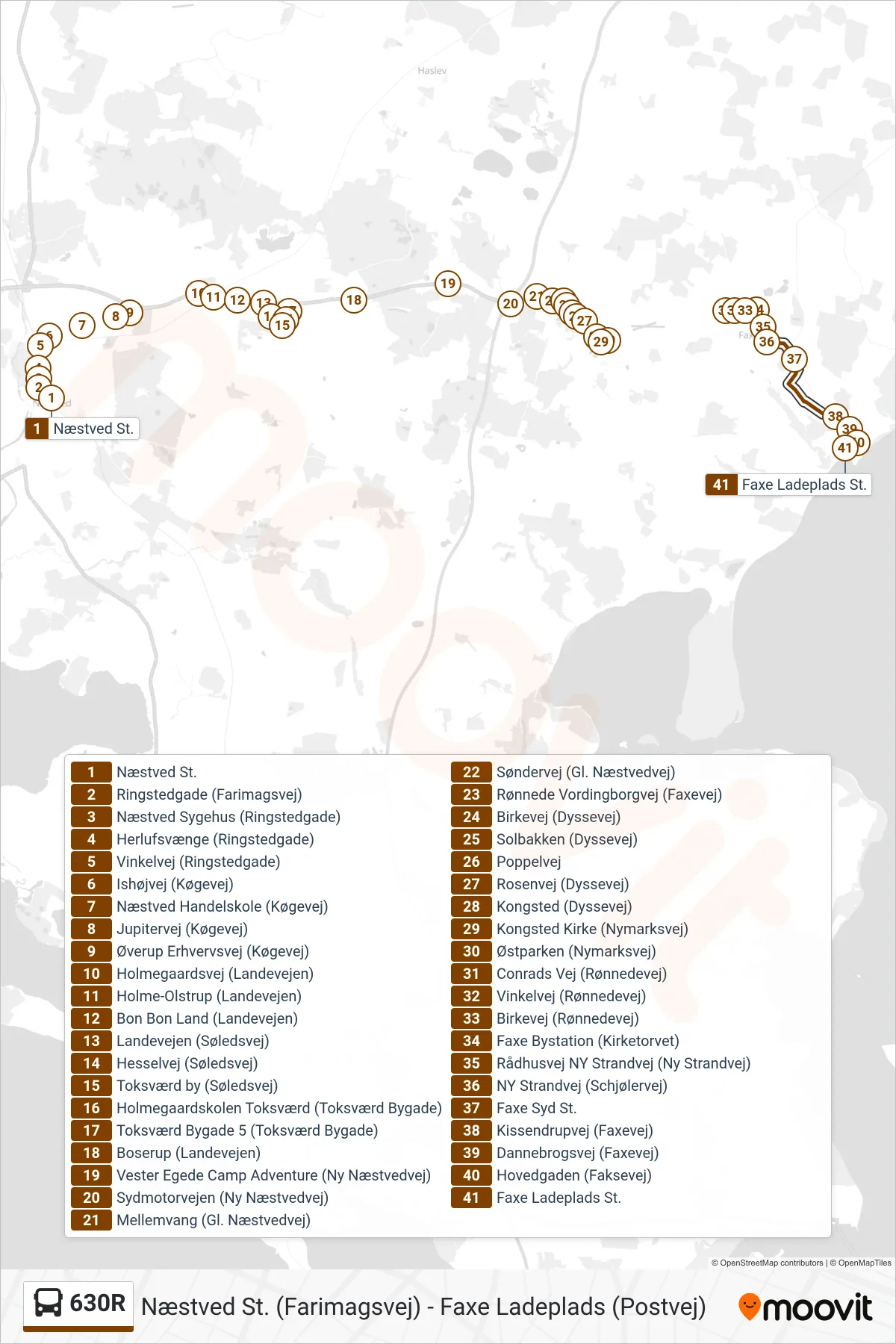 630R bus Linje (Faxe Ladeplads) rute og stop på et kort