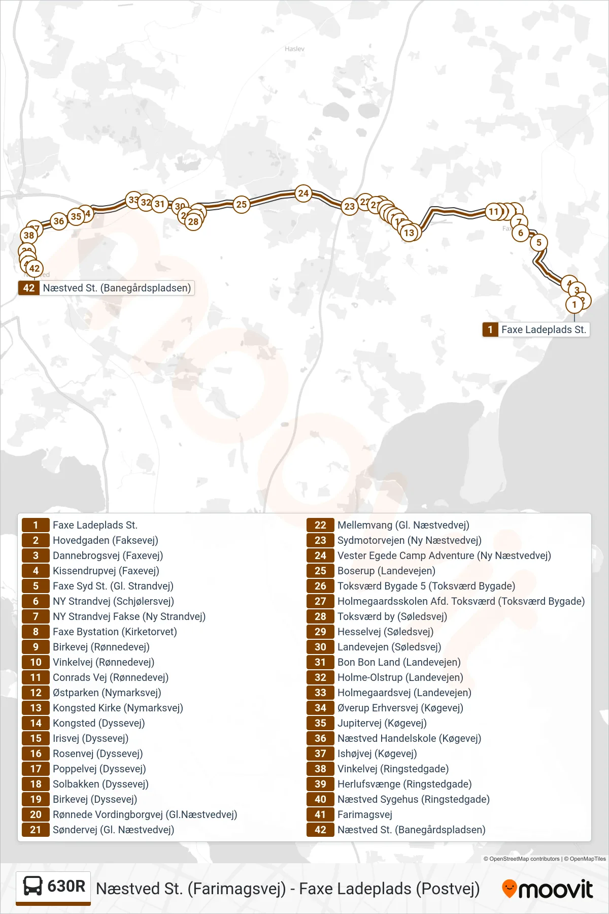 630R bus Linje (Næstved St.) rute og stop på et kort